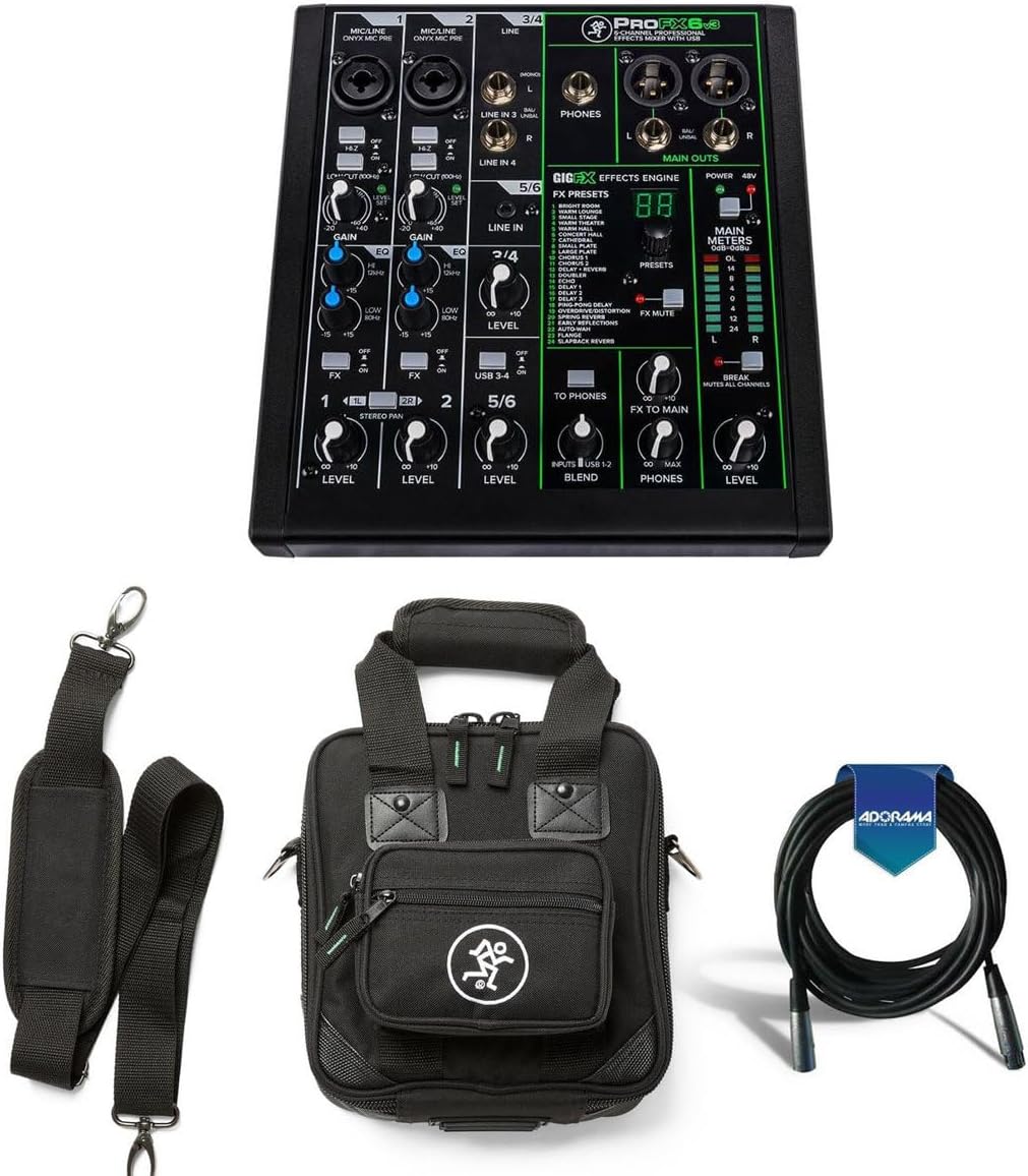 Mackie ProFXv3 6-Channel Professional Effects Mixer with USB + Software Bundle - Bundle With Mackie Carry Bag for ProFX6v3 Mixer, 20' Heavy Duty 7mm Rubber XLR Microphone Cable