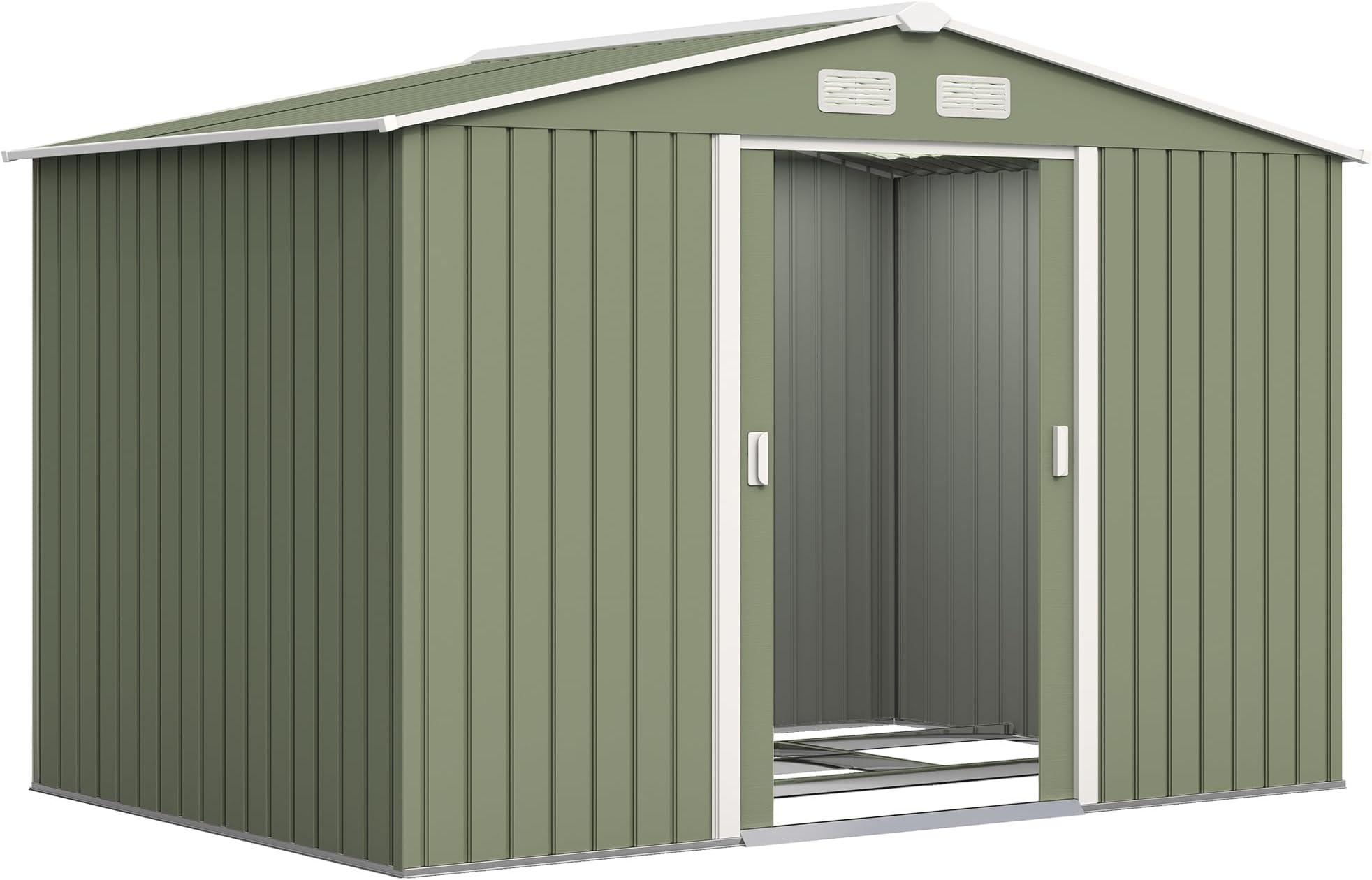 Outsunny 9 x 6ft Metal Garden Shed, Waterproof Outdoor Bike Storage Shed Galvanised with Vents, Foundation Kit, Apex Roof and Lockable Double Doors for Patio Lawn, Light Green