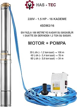 4SDM2/16 Derin Kuyu Dalg  Pompa Seti | 1.5 HP Monofaze Motor + Pompa + Kontrol Panosu Komple Set