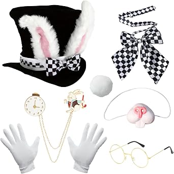 7 Pcs Easter White Rabbit Costume Set for Adult Easter Bunny Ear Top Hat Bow tie Gloves Eyeglasses Rabbit Clock Pin Rabbit Nose Tail for Halloween Easter Cosplay