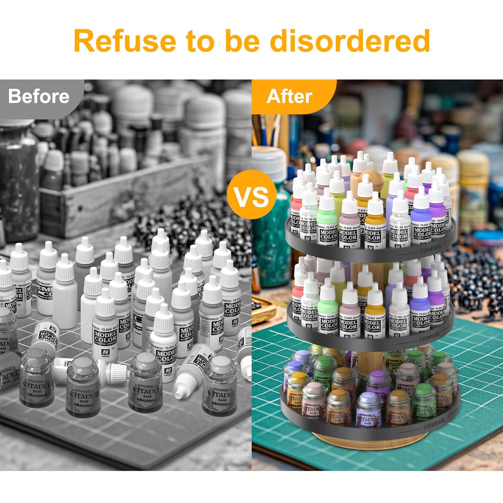 Evemodel Organiseur rotatif pour peinture - Support rotatif pour bouteilles de pigments - Support de bureau (2 couches petites et 1 couche de grands trous)