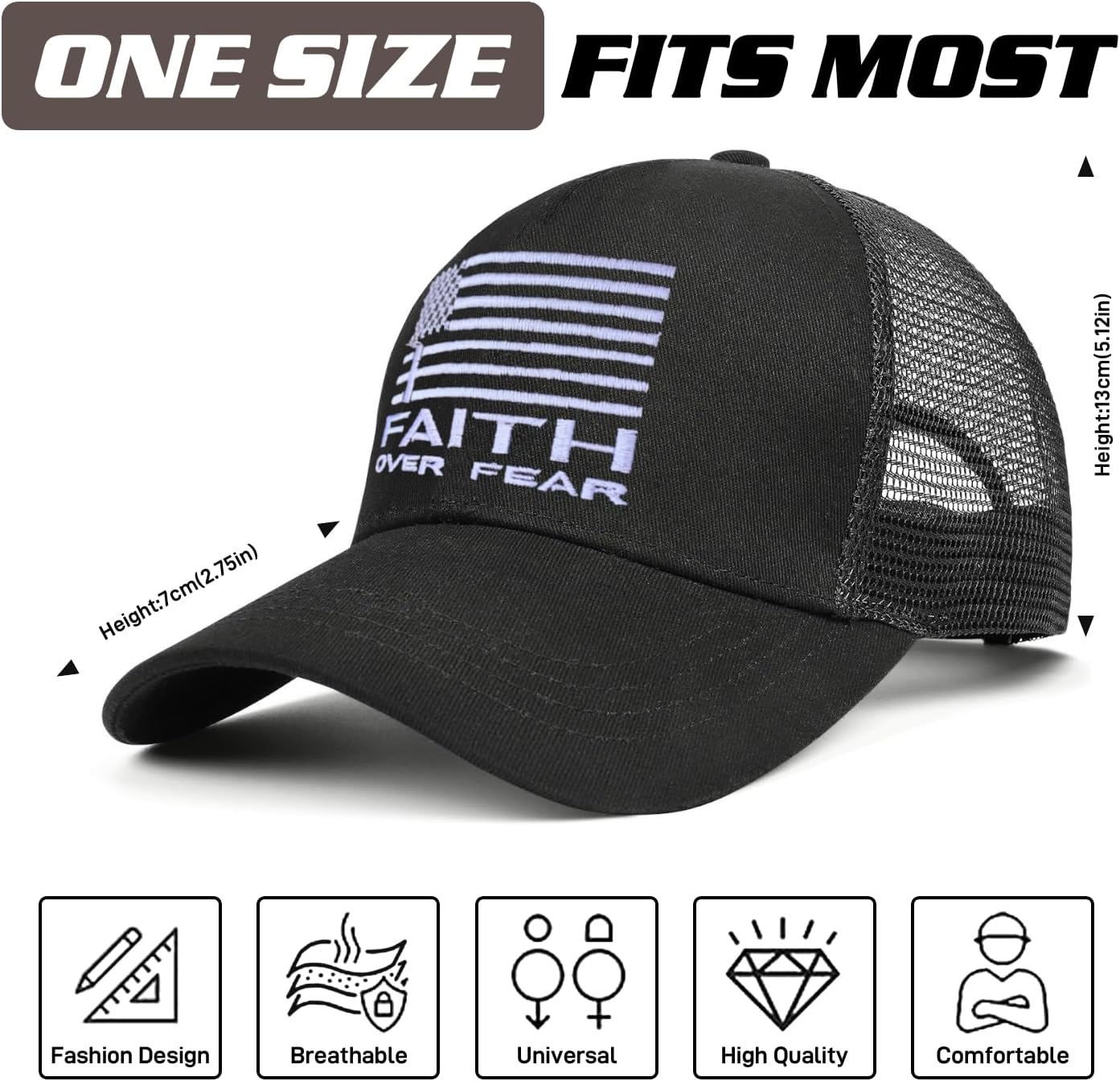 Faith Over Fear Hat with Embroidery Baseball Cap for Men Women Gifts for Dad Cross Hats Christian Trucker Caps for Boy Girls - Image 3