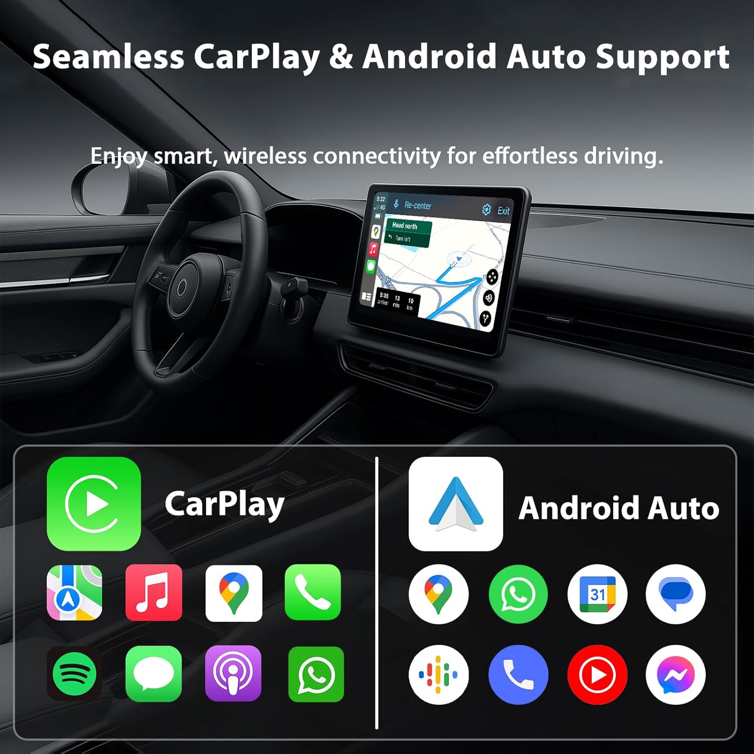 Car interior showing various control methods for CarPlay/Android Auto: touch screen, OEM knob, and steering wheel controls.