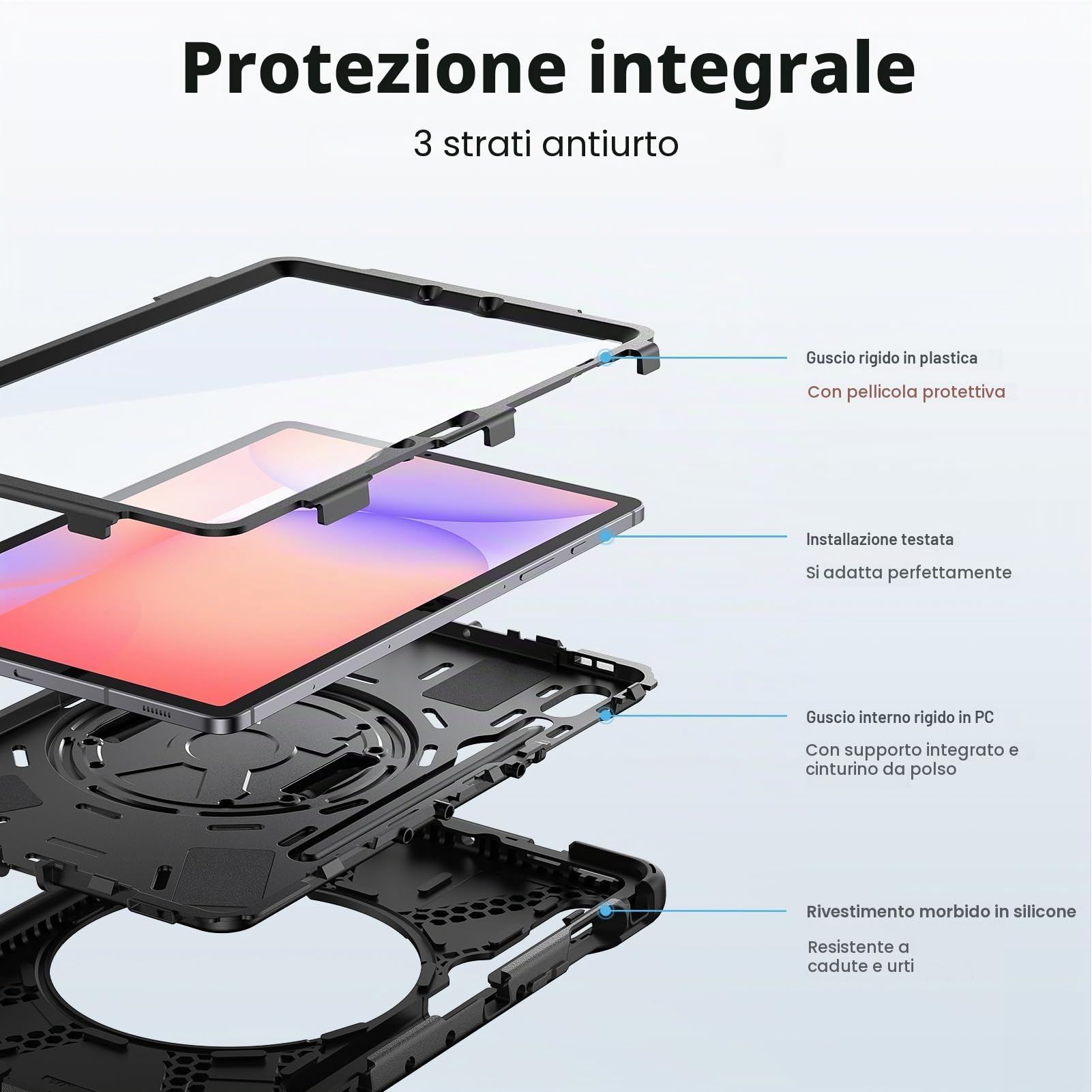 Gerutek Cover per Samsung Galaxy Tab S10 Lite/S10 FE/S9 FE/S9/S8/S7 (10.9/11 Pollici) con Protezione per lo Schermo, Supporto Cavalletto 360°/Cinghia a Mano/Spalla/Portapenne per Tab S10 Lite, Nero