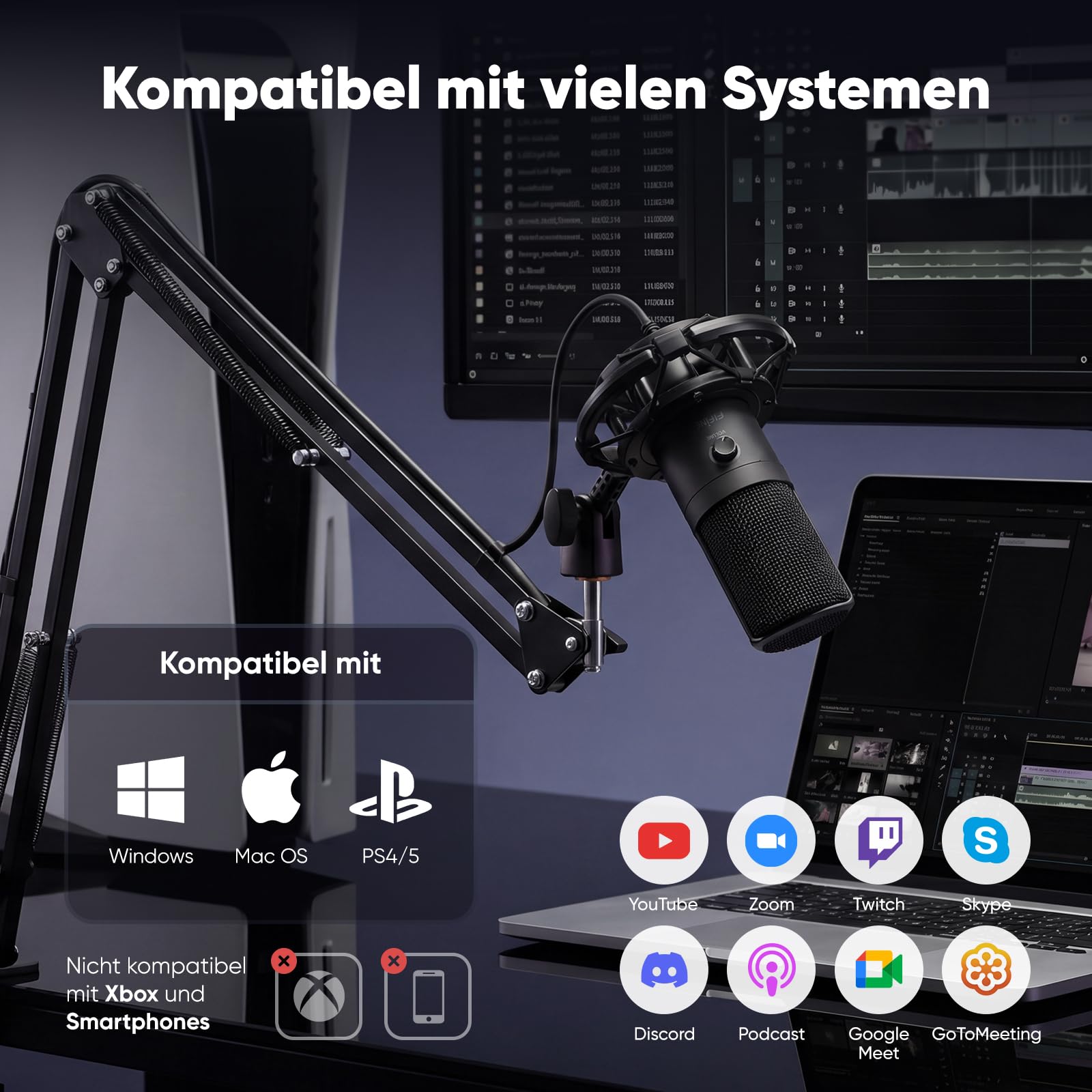 FIFINE Streaming Mikrofon PC mit Arm, USB Mikrofon PS4 PS5, Microphone für Gaming Podcast Studio, Popfilter, Shock Mount