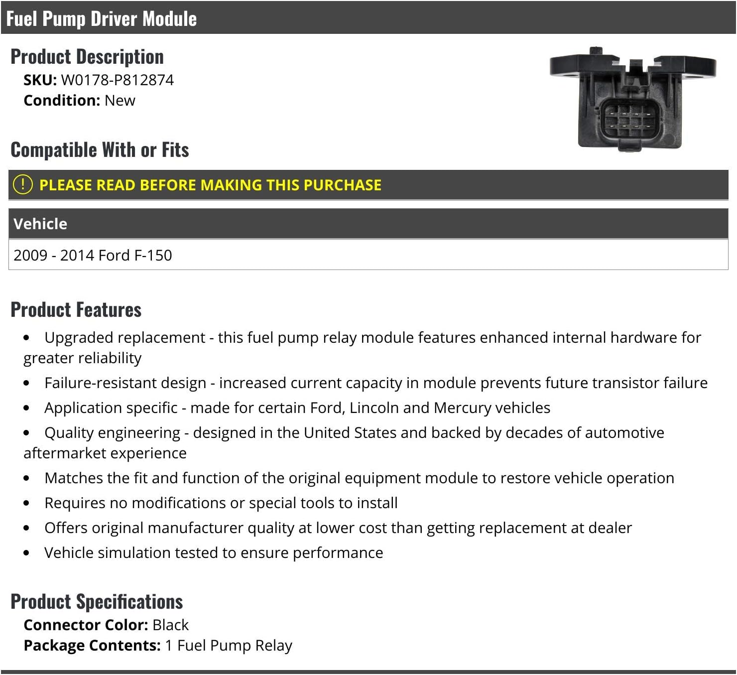 Marketplace Auto Parts Fuel Pump Driver Module - Compatible with 2009-2014 Ford F-150