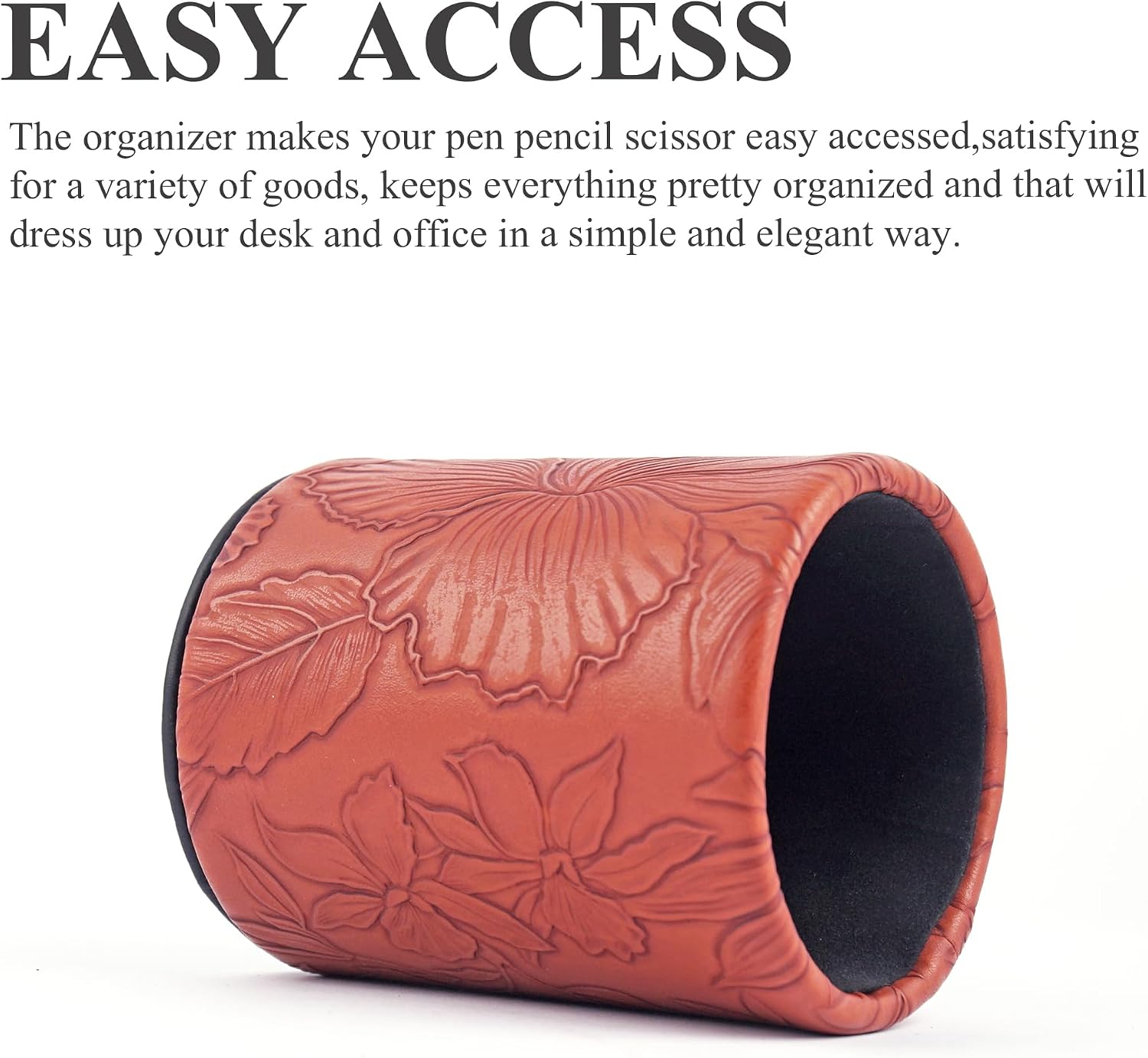 PU Leather Pen Holder Round Flash Makeup Brush Holder Desktop Pencil Storage Holder Gift for Desk Office Classroom Home(1-Carved Brown) image 2