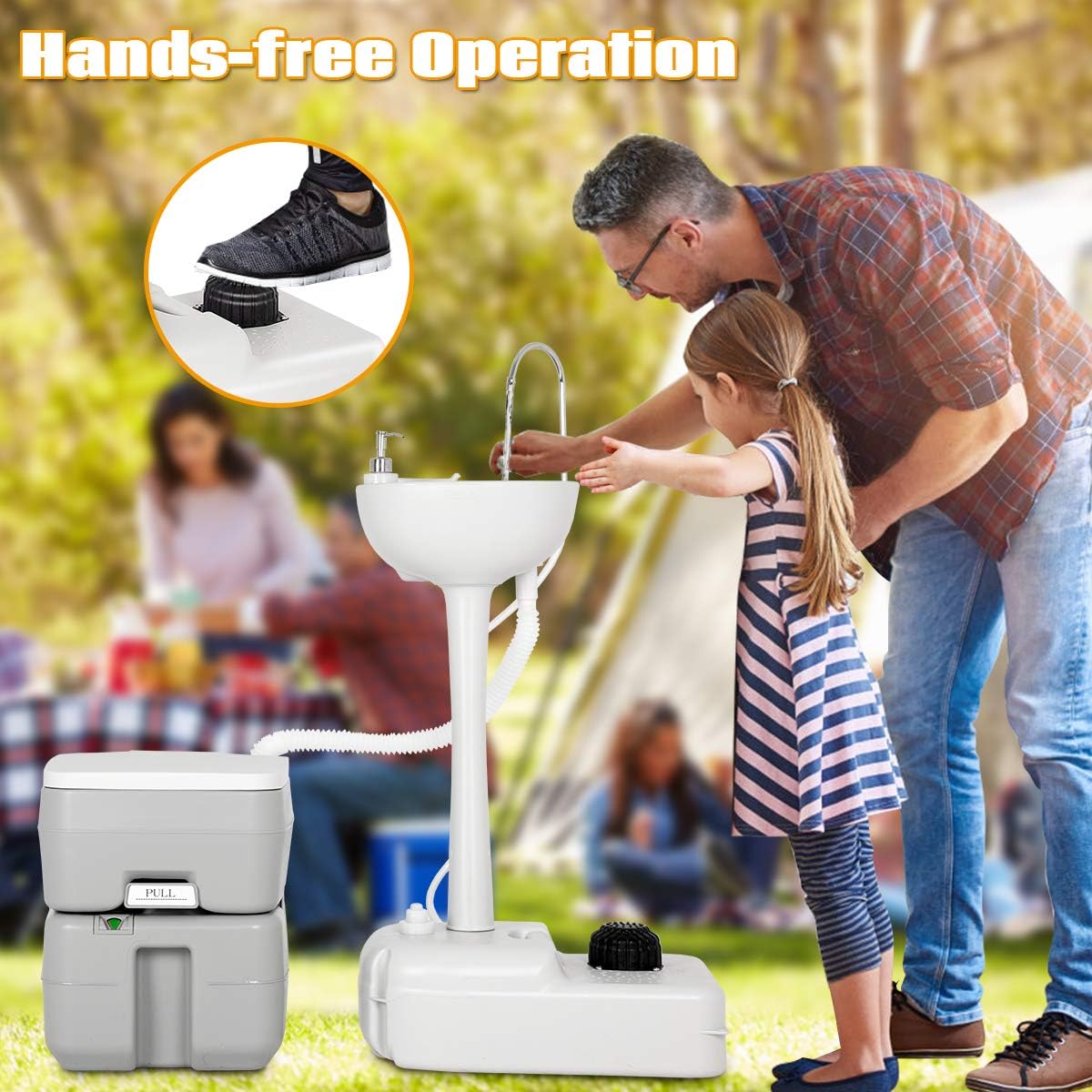 Giantex Outdoor Wash Sink and Potable Toilet Set 4.5 Gallon Sink & 5.3 Gallon Toilet, Flush Wastewater Recycled W/Tower Holder, Level Indicator, 3 Way Flush for Camping Portable Sink and RV Toilet