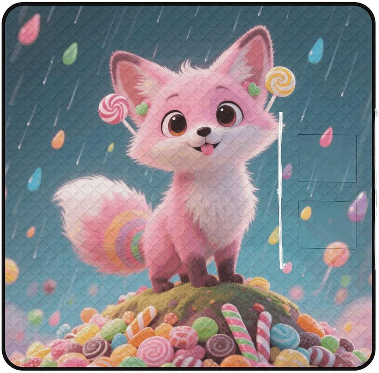 Cute Candy Fox Picnic Blanket 200x200cm, Foldable 2-in-1 Picnic Mat and Tote Bag Portable Waterproof Beach Mat Sandproof Outdoor Blanket for Park, Hiking, Beach, Camping, Travel