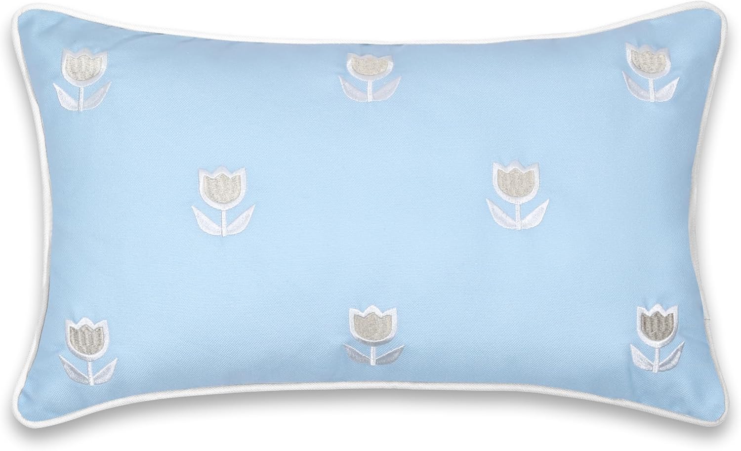 Hofdeco Premium Coastal Patio Indoor Outdoor Lumbar Pillow Cover Only, 12"x20" Water Repellent for Backyard, Couch, Baby Blue Tan Embroidered Tulips Floral with Piping