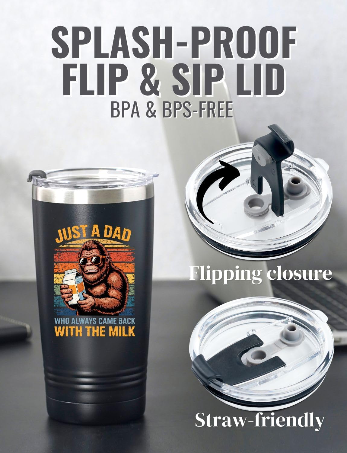 Onebttl Bigfoot Gifts for Men, Big Foot Sasquatch Gifts, 20 oz Travel Mug Insulated Tumbler - Just a Dad Who Always Came Back with the Milk