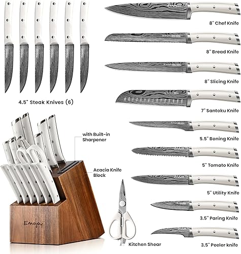 Miniatura 3 de Emojoy - Juego de cuchillos de cocina de 18 piezas con bloque de madera, juego de bloques de cuchillos de acero inoxidable alemán con afilador