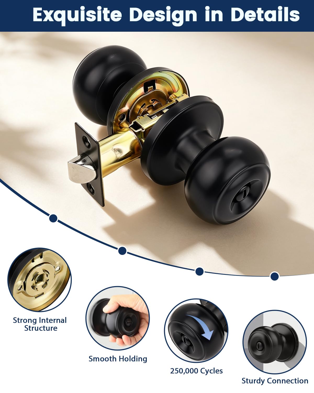 Matte Black Door Knobs - Keyless Privacy Locks -3