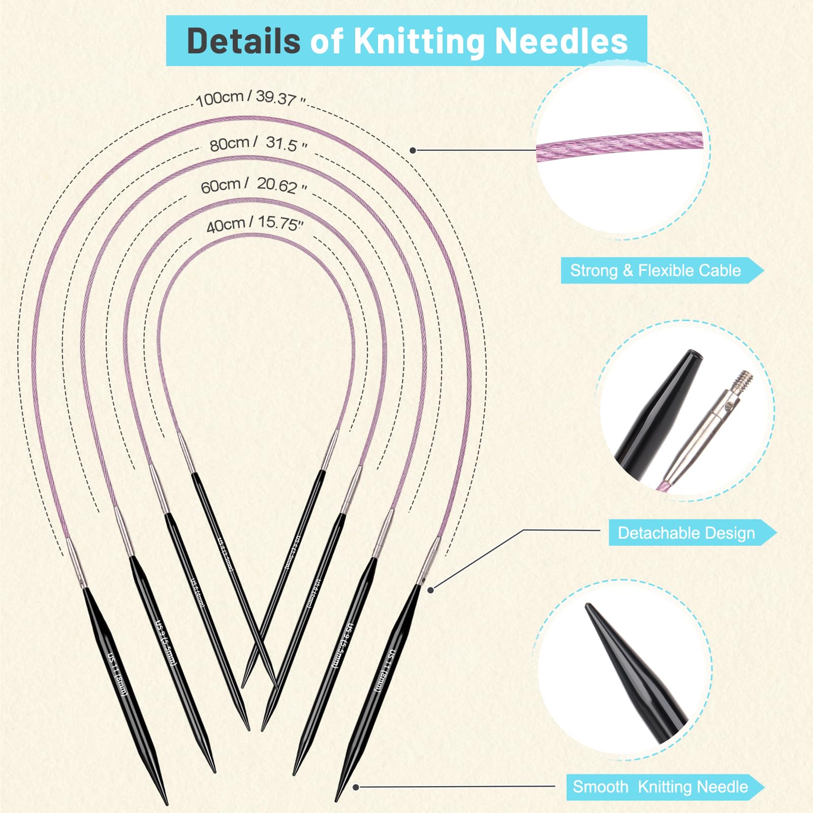 Aeelike Lot de 9 paires d'aiguilles à tricoter circulaires interchangeables avec étui et accessoires, 3 mm-8 mm, kit de tricot circulaire pour adultes débutants - Chat bleu