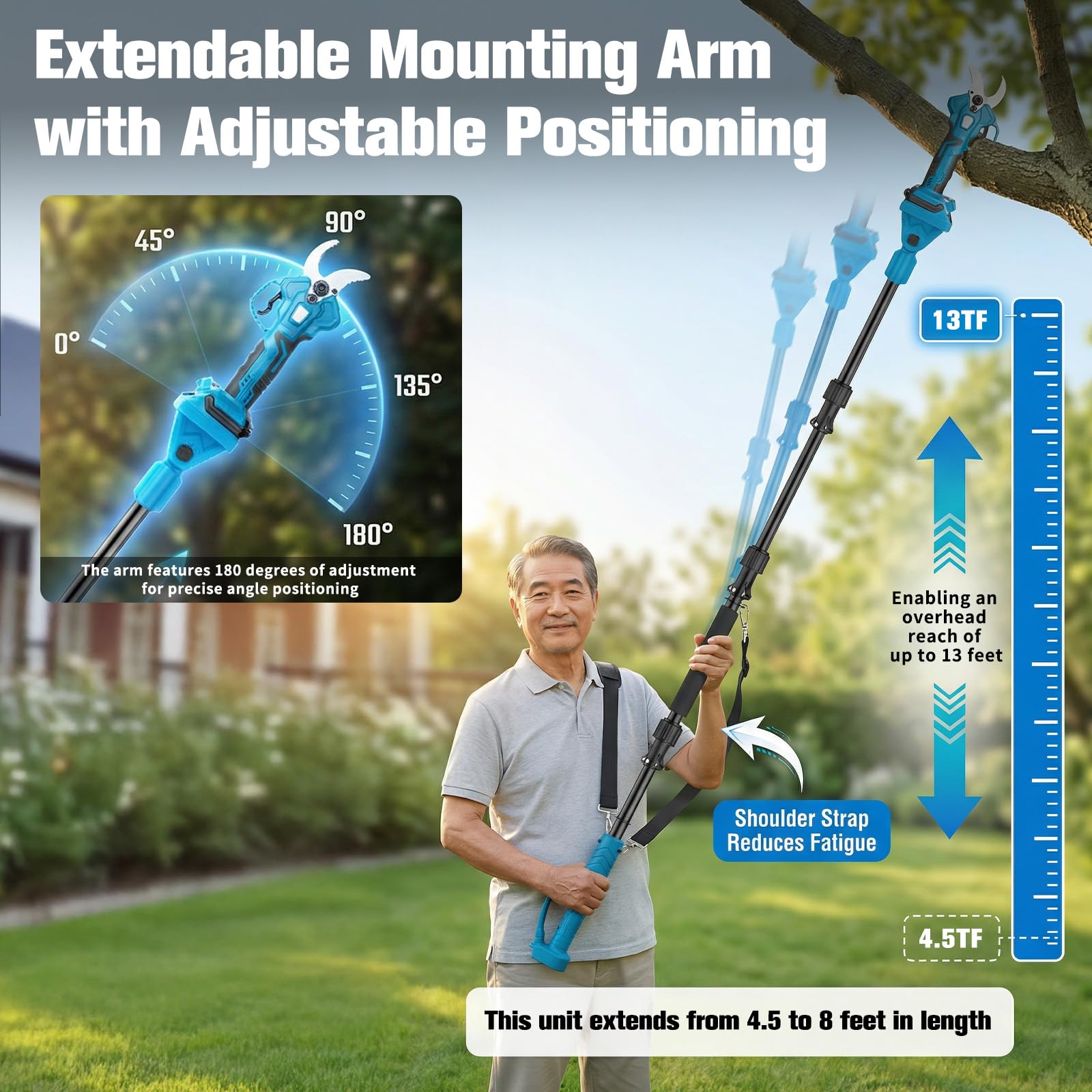 Akku Astschere mit 2m Teleskopstiel Kompatibel mit Makita 18 v, Elektrische Gartenschere mit LCD-Display, 65 mm Öffnung & max. 40 mm Schnittdurchmesser, für Baumschnitt & Obstbaumpflege (ohne Akku)