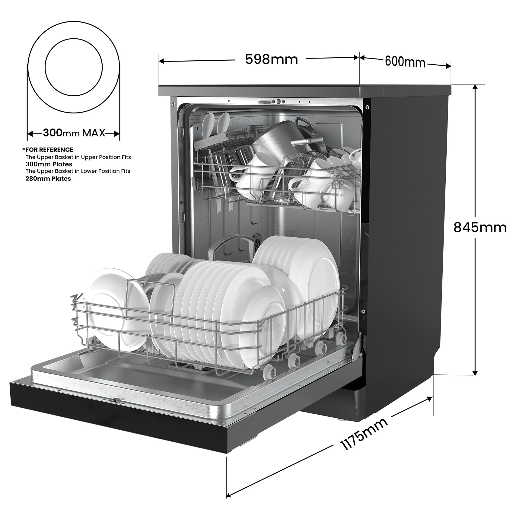 COMFEE' Freestanding Dishwasher with 14 Place Settings, 44dB Quiet Full Size Dishwashers, CDWEF1435EBC-UK, ECO Wash, Auto Open Drying, Half Load, Delay Start, Wide LED Display, Black — view 2