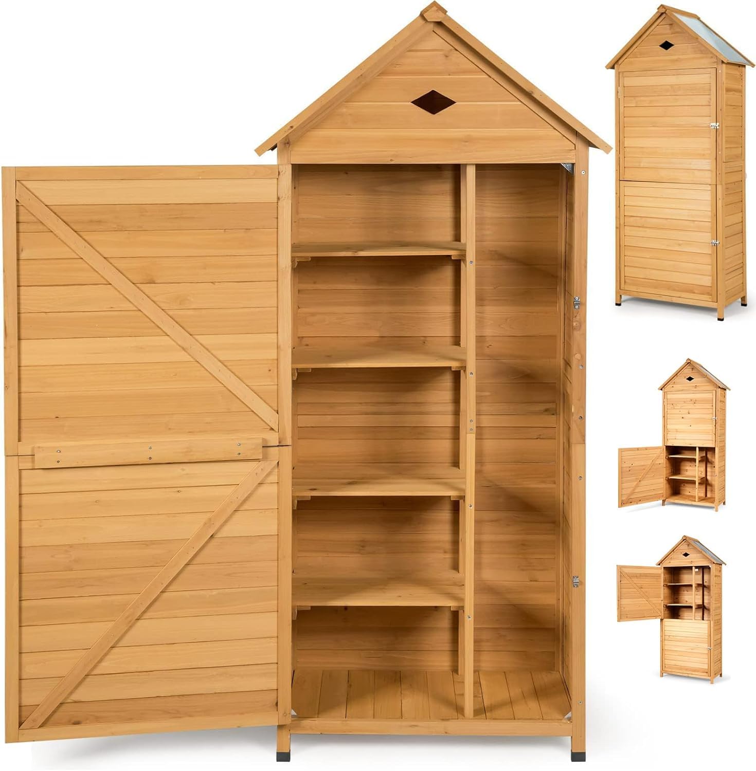 RELAX4LIFE Cobertizo de Jardín de Madera de Abeto, Armario Exterior con Tejado de Metal, Armario para Herramientas Resistente al Viento y Agua, Armario para Jardín, Balcón y Terraza, 177x80x35cm