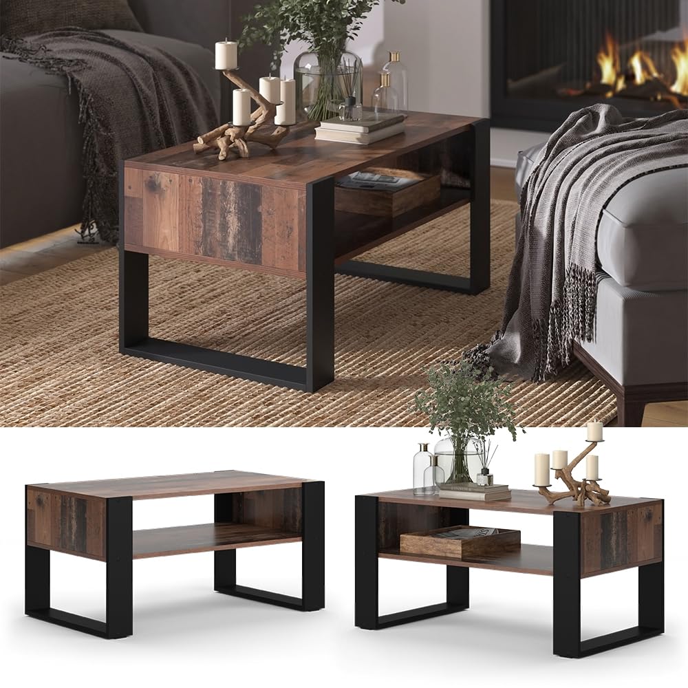 Vicco Mesa de Centro Olli, Madera Antigua, 92 x 52.4 cm | con estante, para guardar revistas y controles remotos