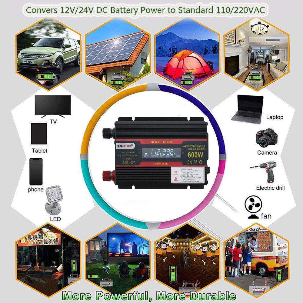 Inversor de Corriente 600W Modificado DC 12V 24V a 110V 220V AC Inversor de automóvil con Adaptador de automóvil USB con Pantalla LED, 24VTO220V