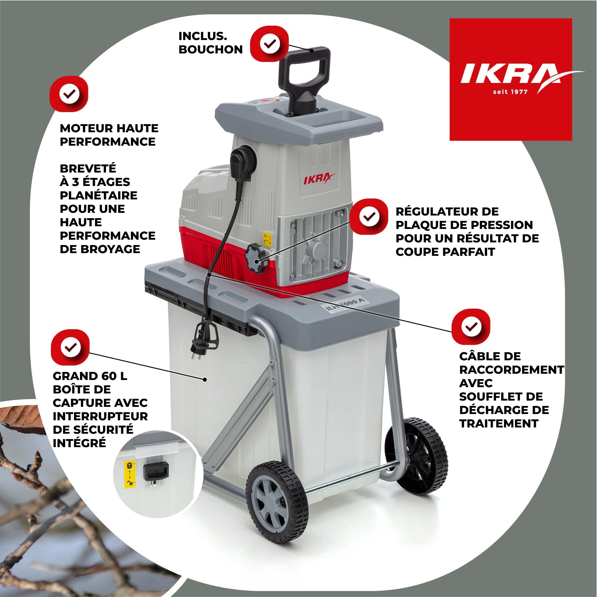 Ikra Broyeur silencieux électrique ILH 3000A, diamètre de la branche 44mm, moteur puissant de 3000W Automatique | Silencieux & robuste, puissance de 3000 watts, alimentation automatique des branches, marche arrière automatique