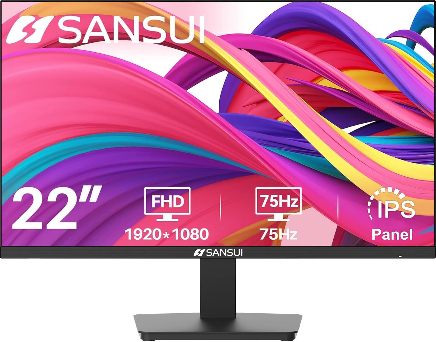 SANSUIMonitor 22 inch 1080p FHD 75Hz Computer Monitor with HDMI VGA, Ultra-Slim Bezel Ergonomic Tilt Eye Care LED Display for Home Office (ES-22F1 HDMI Cable Included)