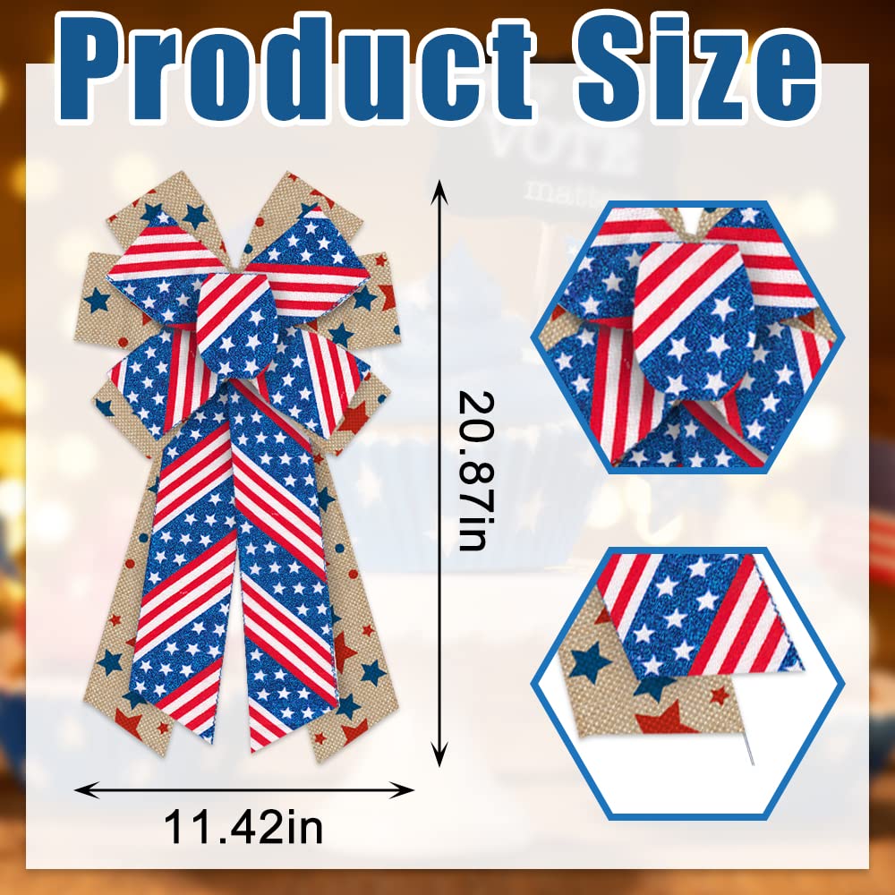 ALIBBON Large Patriotic Bows for Wreath, 4th of July Wreath Bows, Glitter Stars Stripes Wreath Bows for Front Door, 4th of July Decor, Independence Day Burlap Bows for Wreath Indoor Outdoor Decoration