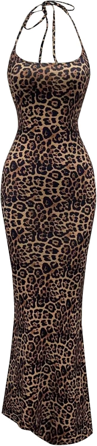 SOFIA'S CHOICE Cheetah Print Dress Leopard Halter Neck Long Tight Bodycon Spaghetti Strap Maxi Dress