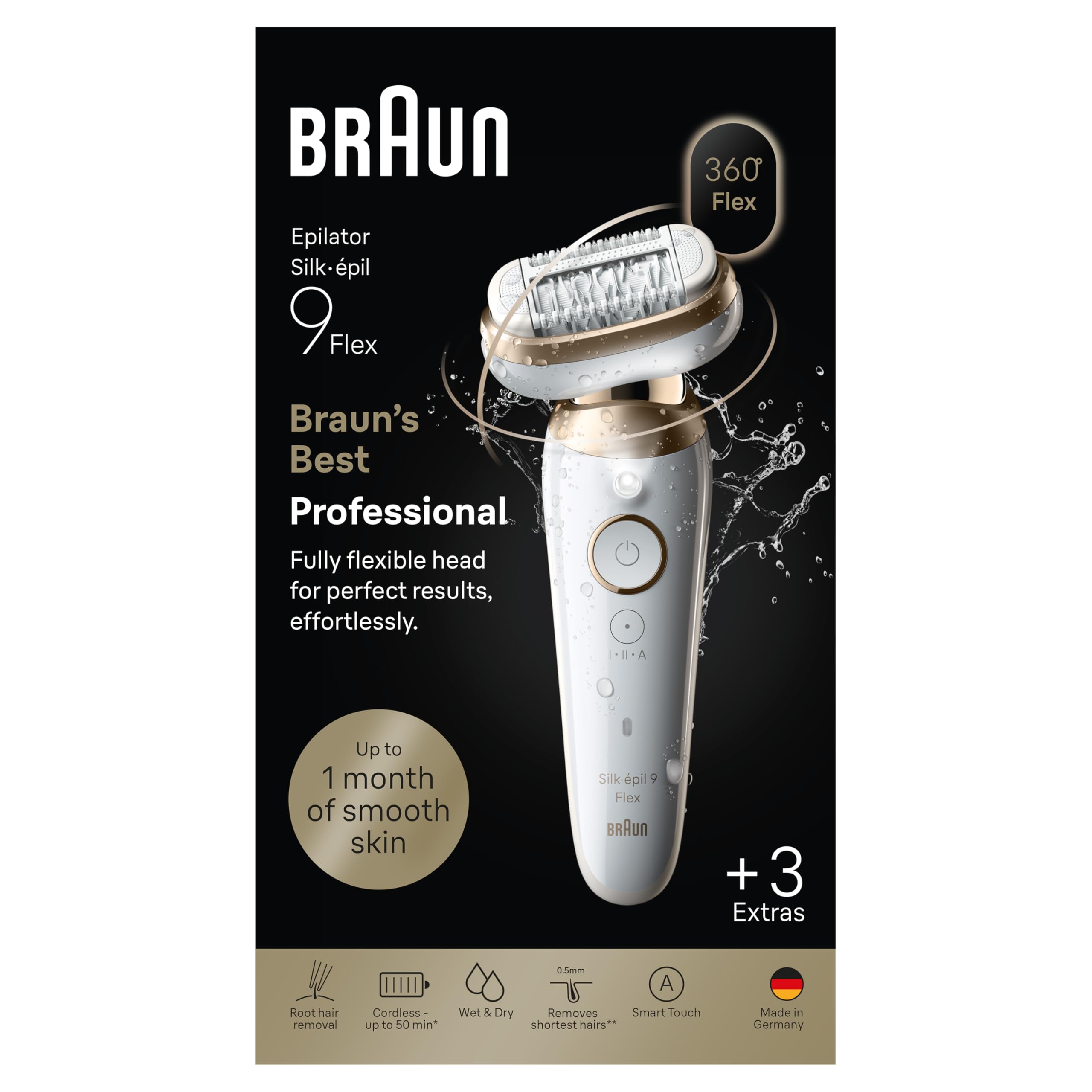 Braun Silk·épil 9 Flex Epilatore con testina flessibile a 360° per una facile depilazione, bagnato e asciutto, pelle morbida e resistente, con testina di rasatura e pettine, 9-030 3D, oro