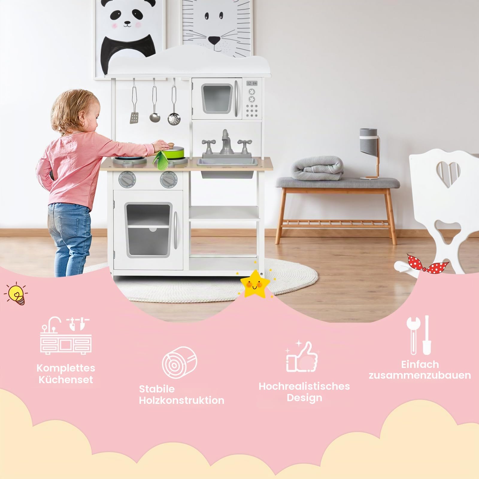 HOMASIS Kinderküche Holz, Kinder Spielküche mit Zubehör, Spielzeugküche mit Spüle Herd Backofen Mikrowelle, Holzküche Küchenspielset Miniküche für Kinder ab 3 Jahre, Weiß, 60x30x83 cm