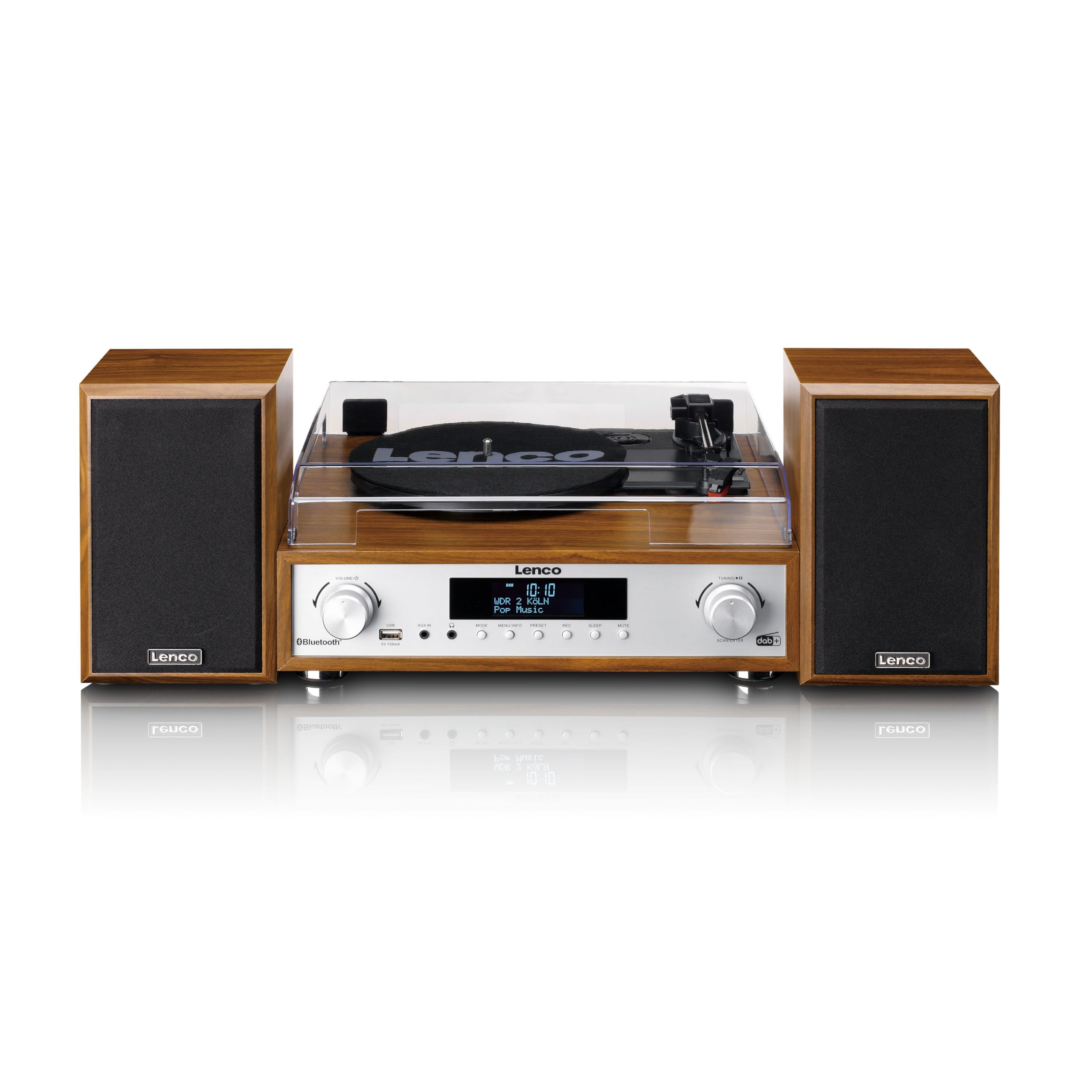 Lenco MC-160WD Impianto stereo con giradischi - Radio DAB+/FM, Bluetooth 5.0, codifica MP3 diretta da vinile su USB, trazione a cinghia, 3 velocità, altoparlanti in legno 2x10W, telecomando