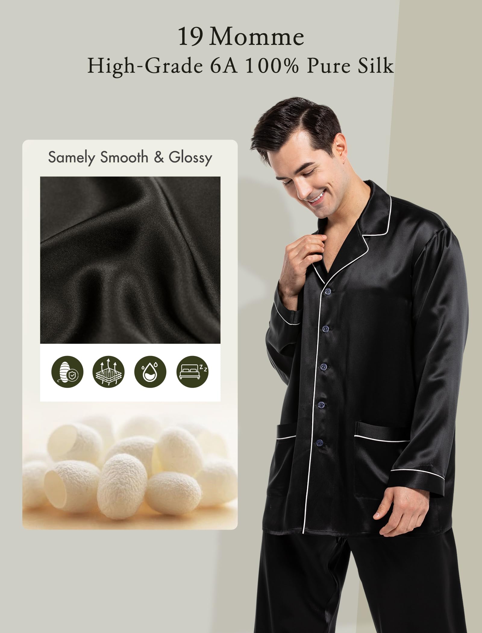 COLD POSH Herren Seide Schlafanzug Pyjama Homewear 19 Momme Nachtw?sche mit Langen ?rmel Loungewear