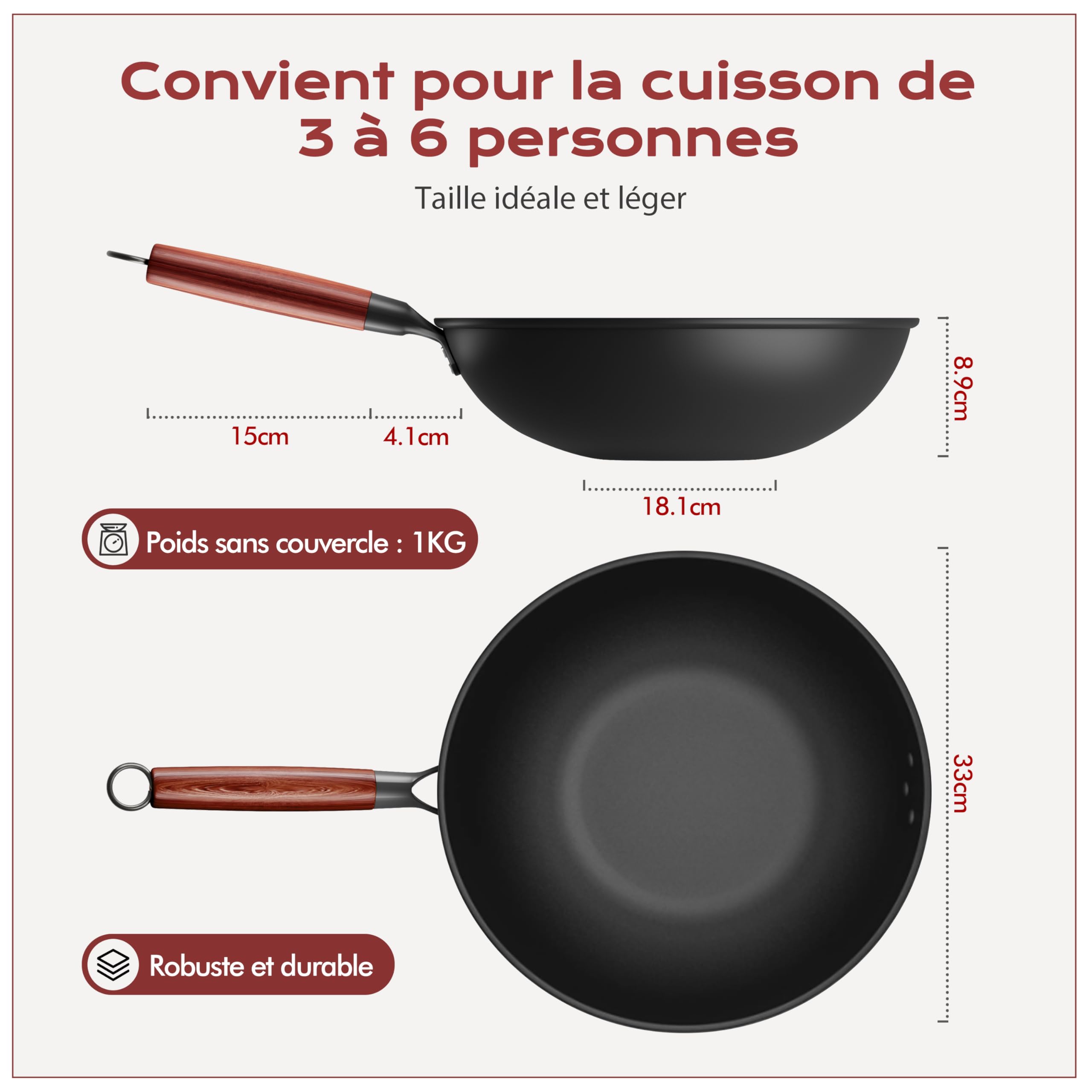 33cm Wok avec Couvercle et Spatule en Silicone, Convient pour la Préparation de Plats pour 3-6 Personnes, Wok Induction avec les Plaques de Cuisson à Induction, électriques et à Gaz