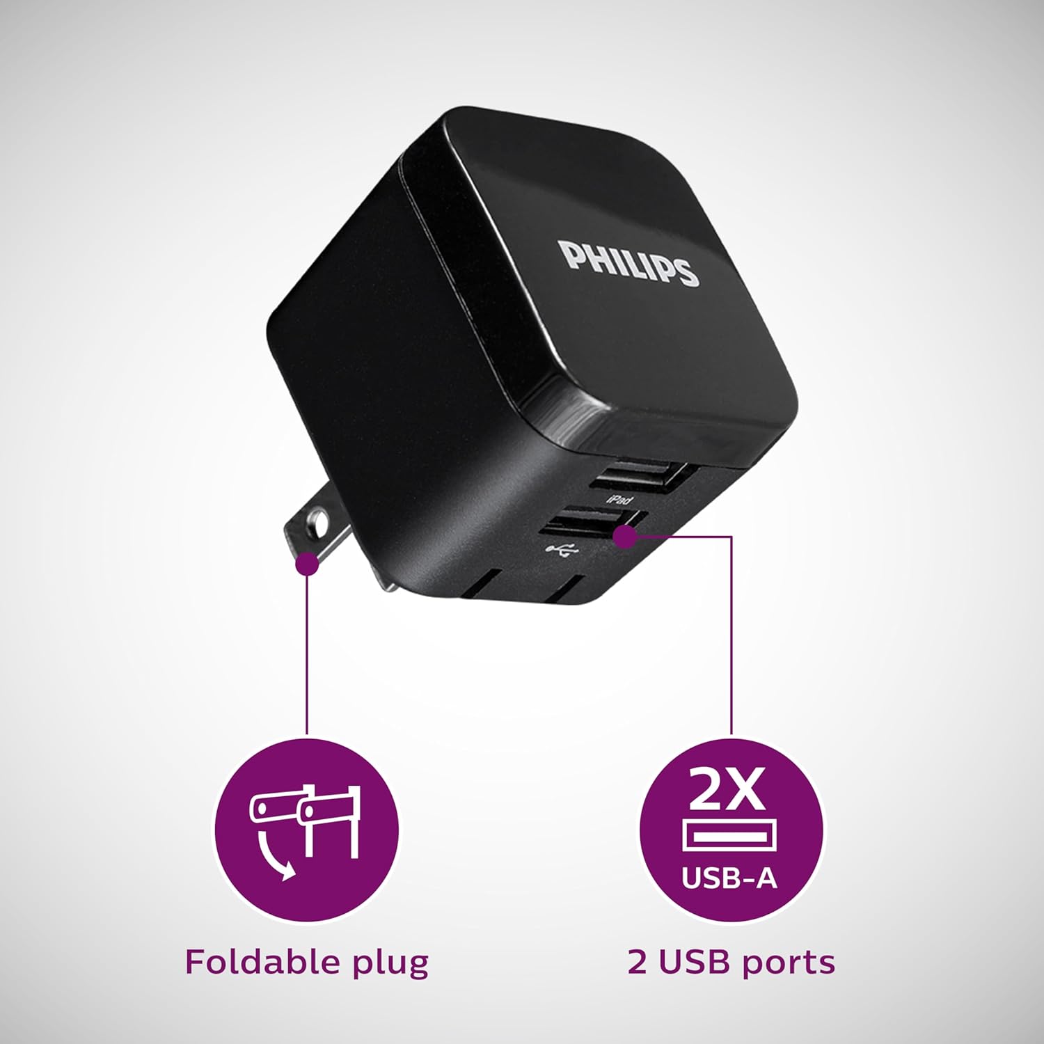 Philips USB Wall Charging Kit, 12W USB A to C Charger Block with 6ft Braided Cord Foldable Plug DLP6212C/37