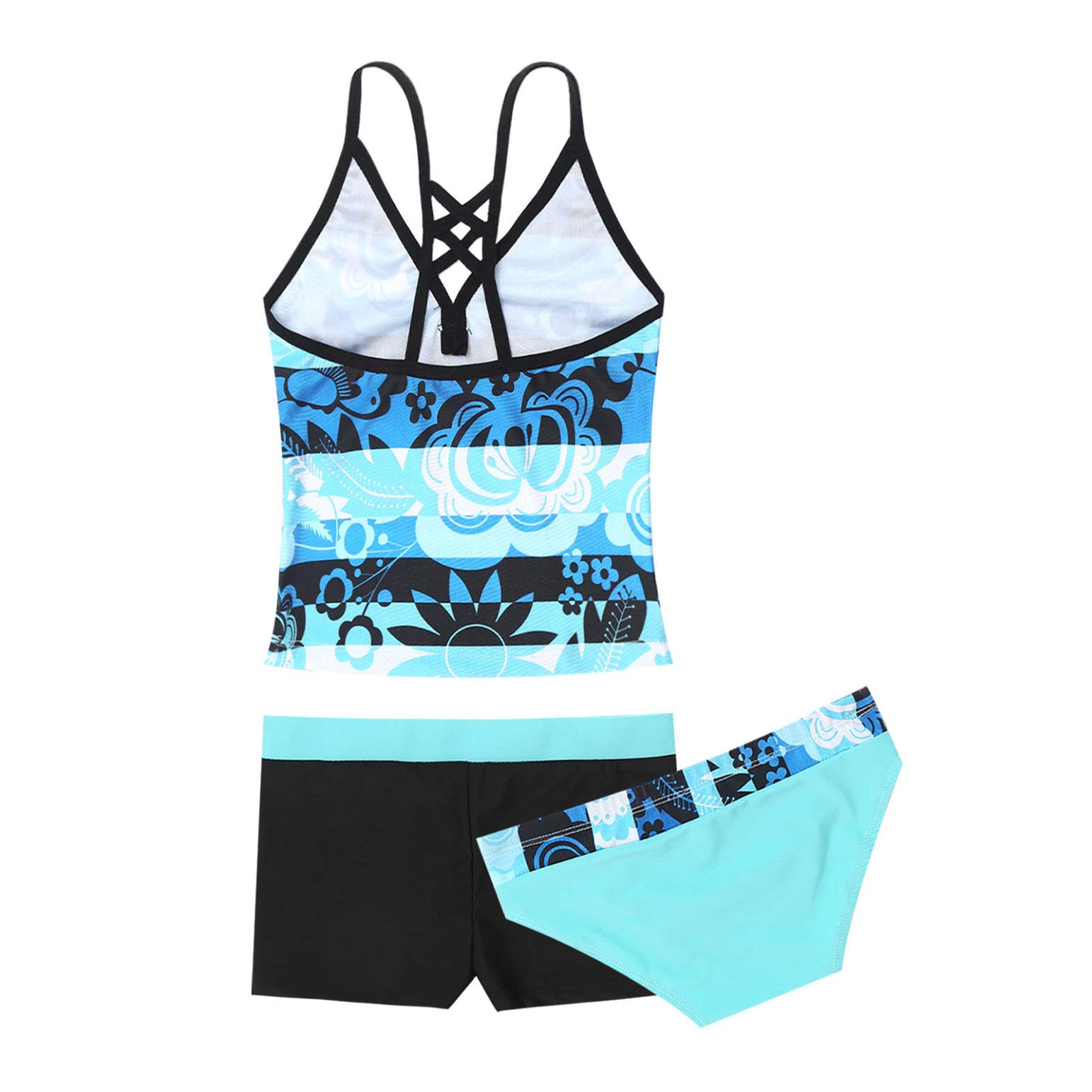 Daenrui Kids Big Girls 3 Pieces Bathing Suit Floral Printed Tankini Swimsuit Boyshort Swimwear Beachwear Blue 8