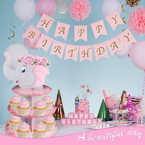 Miniatura 7 de Soporte para cupcakes de elefante rosa de 3 niveles, decoración de mesa de fiesta de cumpleaños de elefante rosa, soporte para cupcakes de postre,