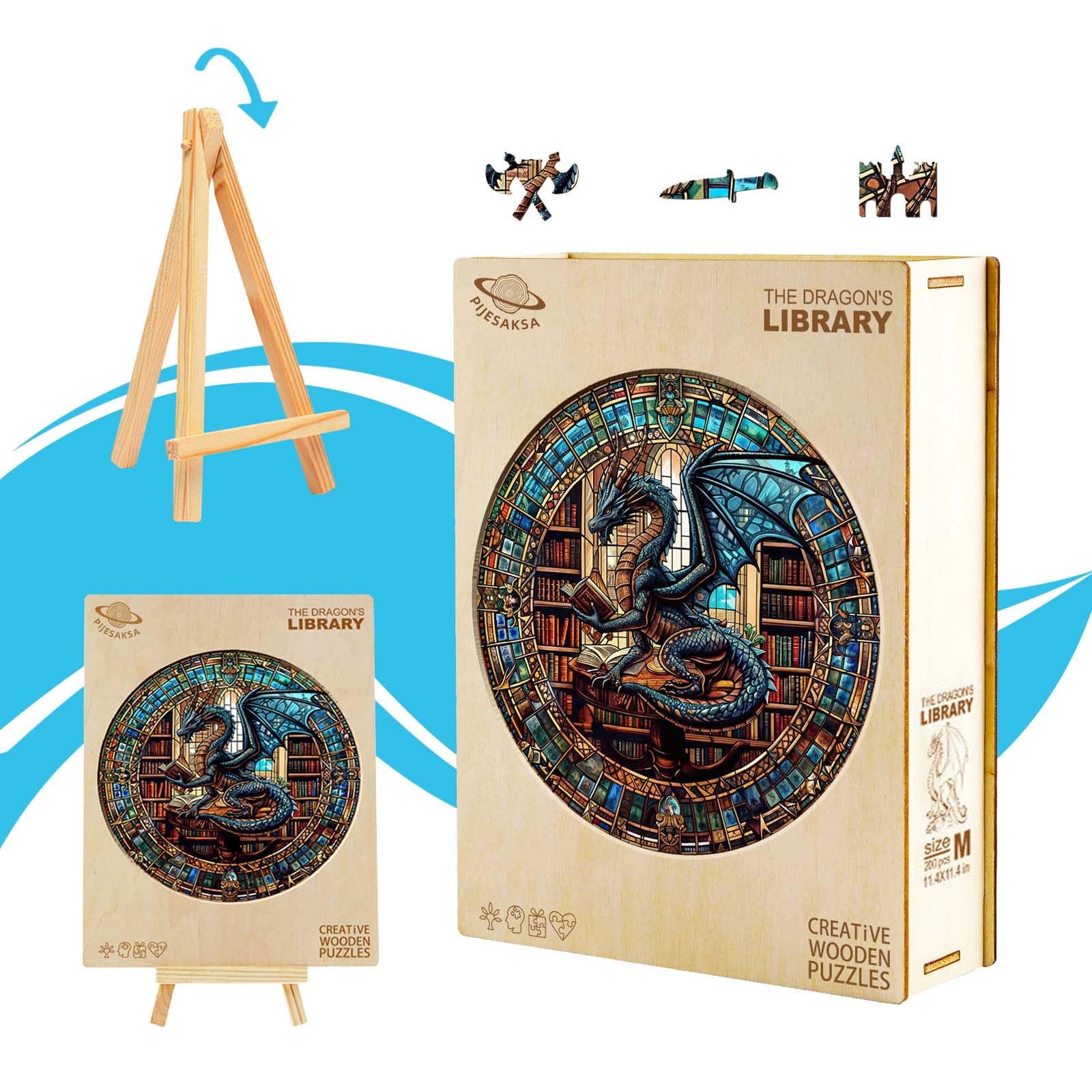 Wooden Puzzles for Adults - Dragon's Library Wooden Jigsaw Puzzle for Adults, Unique Shape Wood Puzzles Adult, Gifts for Friends and Family, Home Decor (S-8.5 * 8.5in-100 Pieces)
