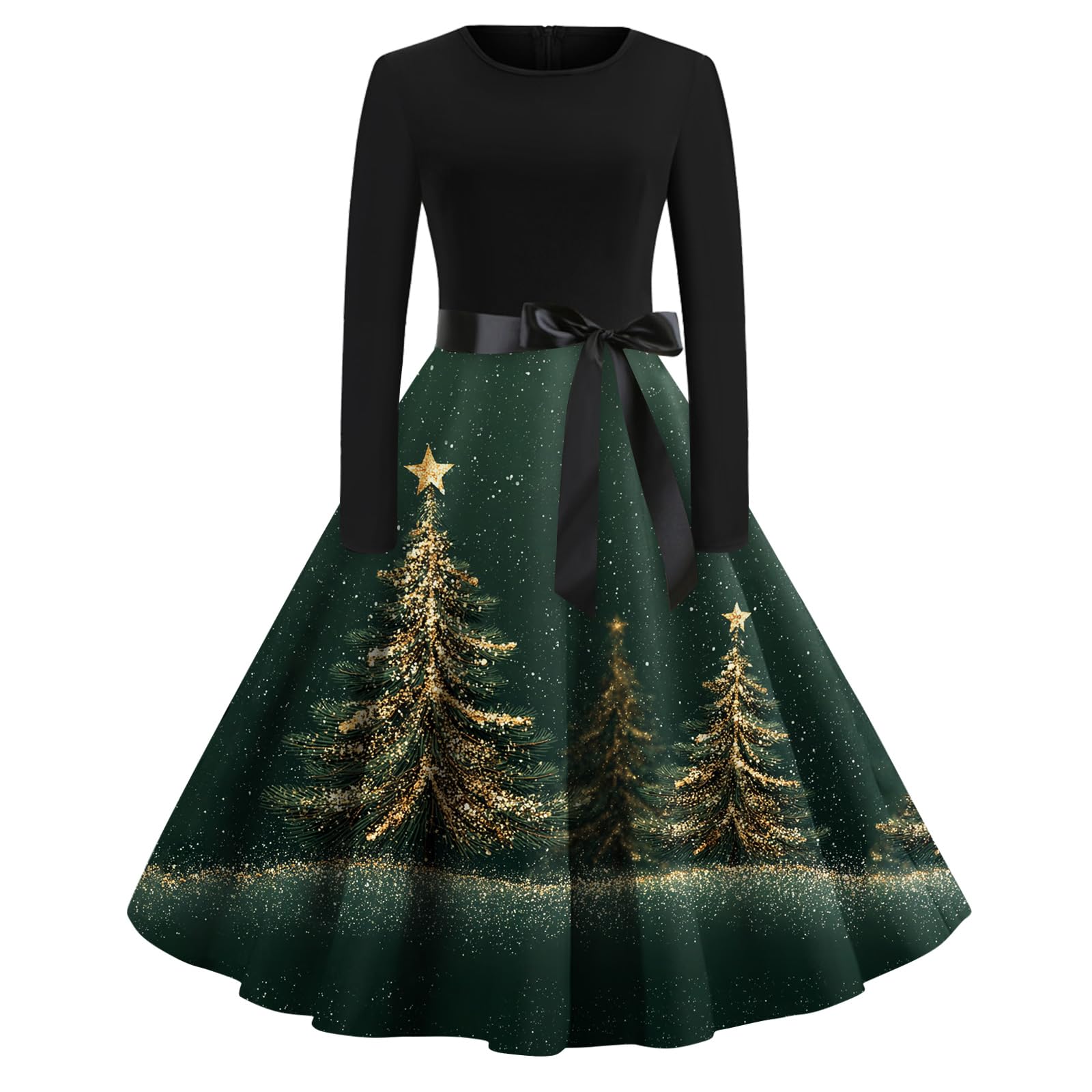 Women 1950s Vintage Christmas Dresses Crew Neck Long Sleeve Swing Dress A Line Cocktail Midi Dresses with Belt