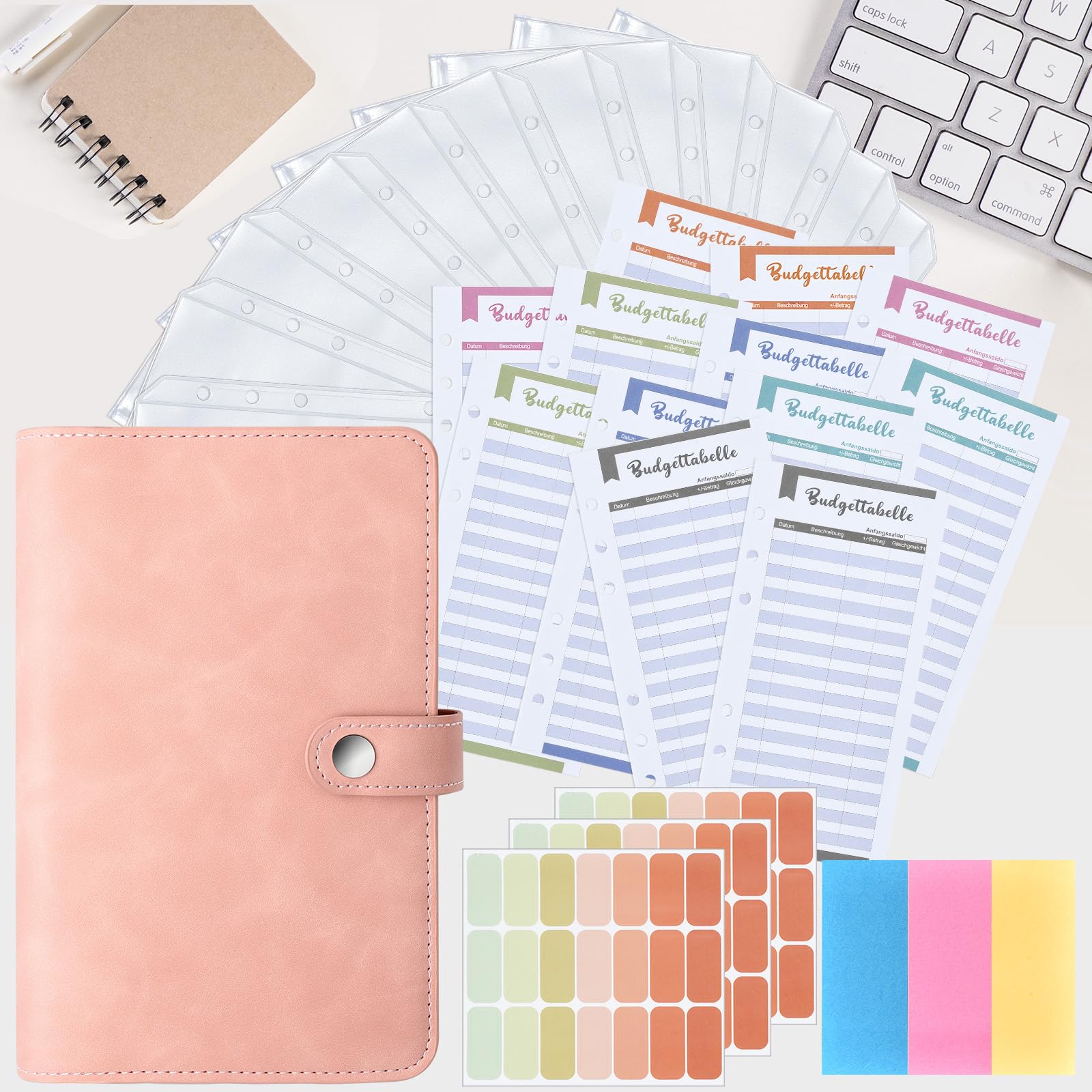 Classeur A6 en PU Cuir Budget Planner avec 10 PVC Enveloppe Budget, 12 Feuilles Budget, 3 Autocollants