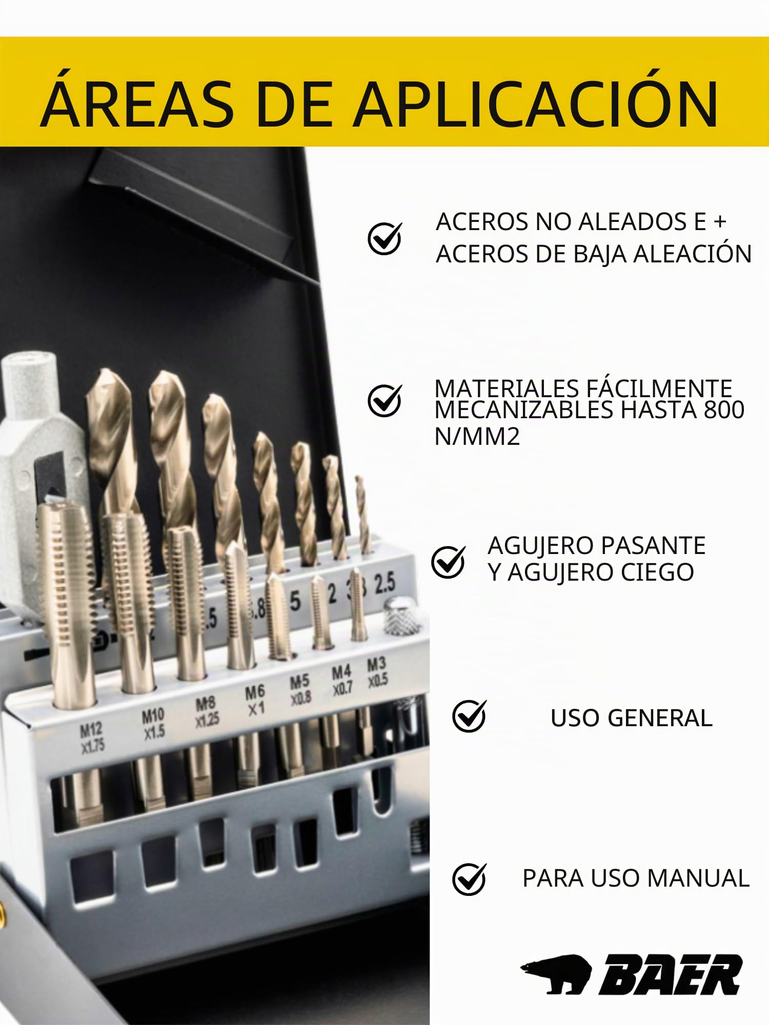 BAER Juego de Machos de Roscar HSSG con Broca de Perforación M 3-12 para Corte de Torno