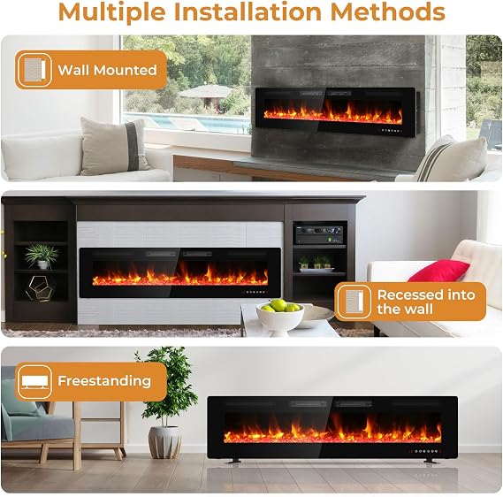 Quiniver 72 Slim Electric Fire Freestanding Wall Mount Fireplace Heater | Dual heating modes, adjustable 3D flame visuals, remote & touch control, 8H timer, cool touch glass, overheat cut-off, UKCACE
