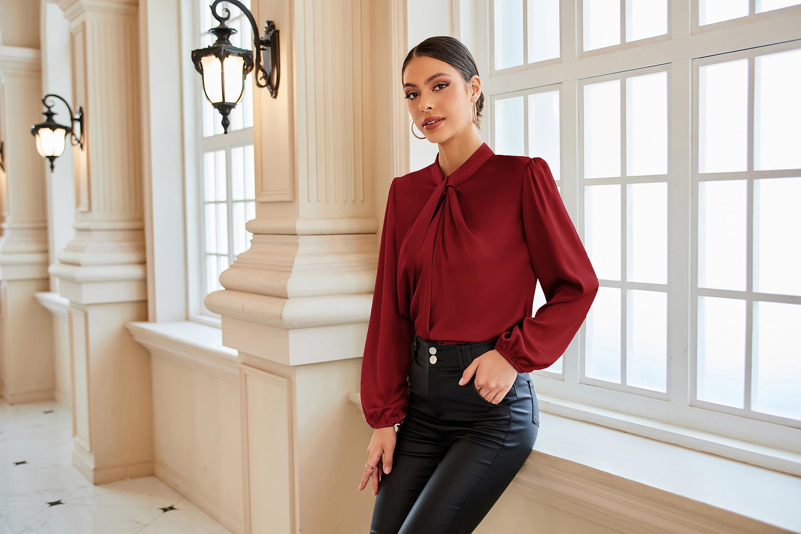 GRACE KARIN Blusa Elegante Donna Maniche Lunghe a Lanterna Tinta Unita con Scollo Rotondo da Ufficio Casual