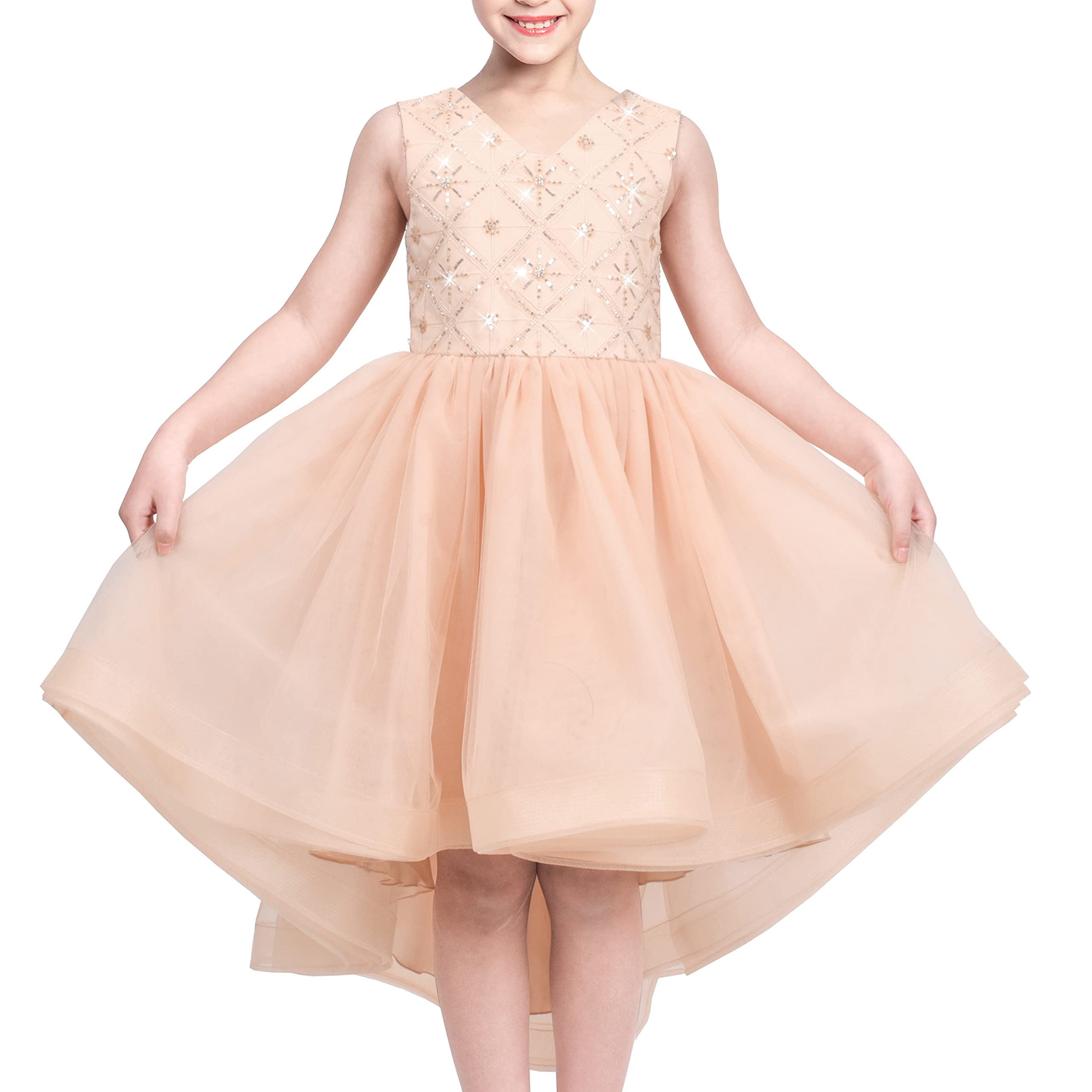 Sunny Fashion Vestido para niña Flor champán Lentejuela Alto bajo Boda Dama de Honor 4-10 años