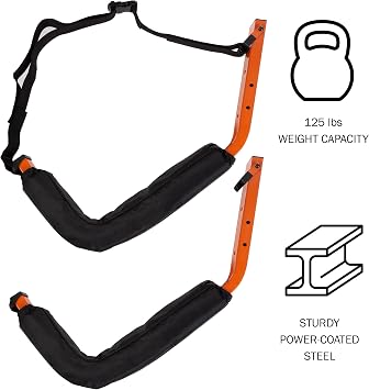 Kayak Storage Hooks - Set of 2 Wall Mount Garage Hangers - 125lbs Capacity Rack for Paddleboards, Surfboards, or Snowboards by Rad Sportz (Orange)