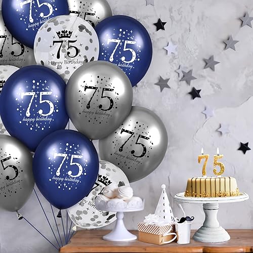 Miniatura 2 de Decoraciones de globos de cumpleaños de 75 años, 15 globos de feliz cumpleaños azul marino plateado para hombres y mujeres, 75 aniversario, látex,