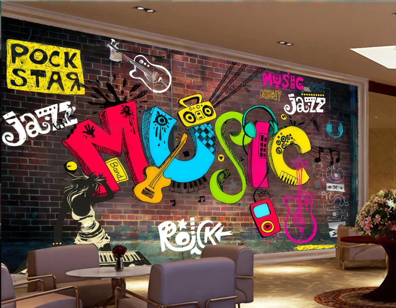 Xdoubao 3D Wallpaper Retro Brick Wall Cool Graffiti Colorful Personalized Music Letters Bar Afternoon Tea Western Restaurant Background Wall Wallpaper Coffee Shop Mural,,200X140cm