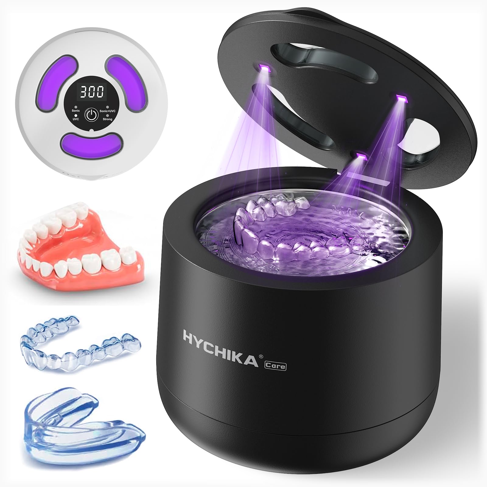 Pulitore Ultrasuoni Apparecchio Denti con Sterilizzatore UV,Alta Frequenza a 45 kHz Clean Pod,4 Modalità per Apparecchi Ortodontici, Bite Notturni, Allineatori ecc.,200 ml,Nero