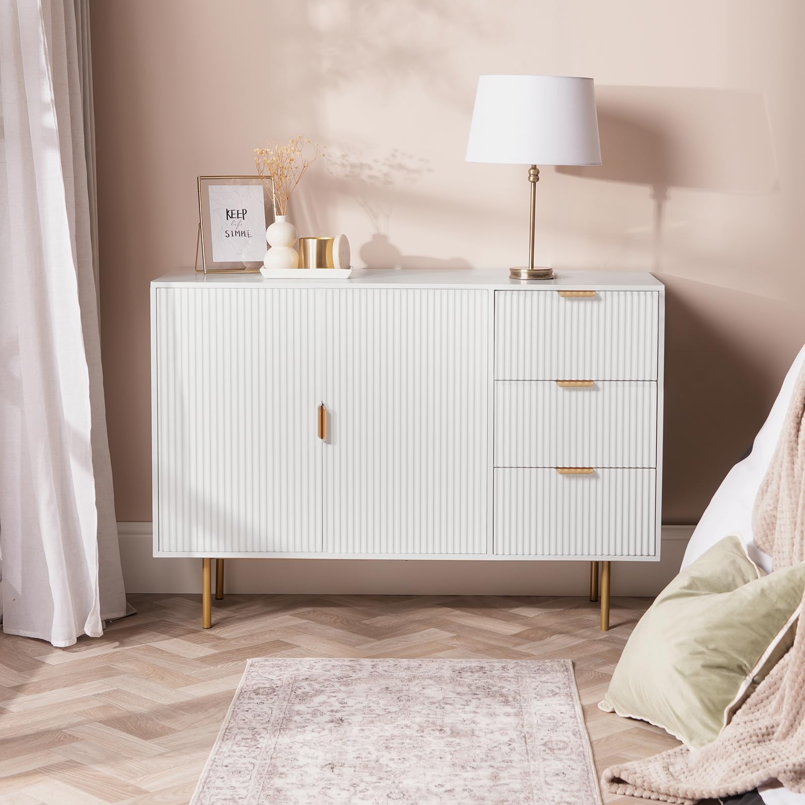 OHS Cream Sideboard Storage Cabinet, Decorative Ribbed Wooden Buffet Storage Cabinet with 2 Doors and 3 Drawers Living Room Hallway Kitchen Sideboard, 120 x 40 x 77cm