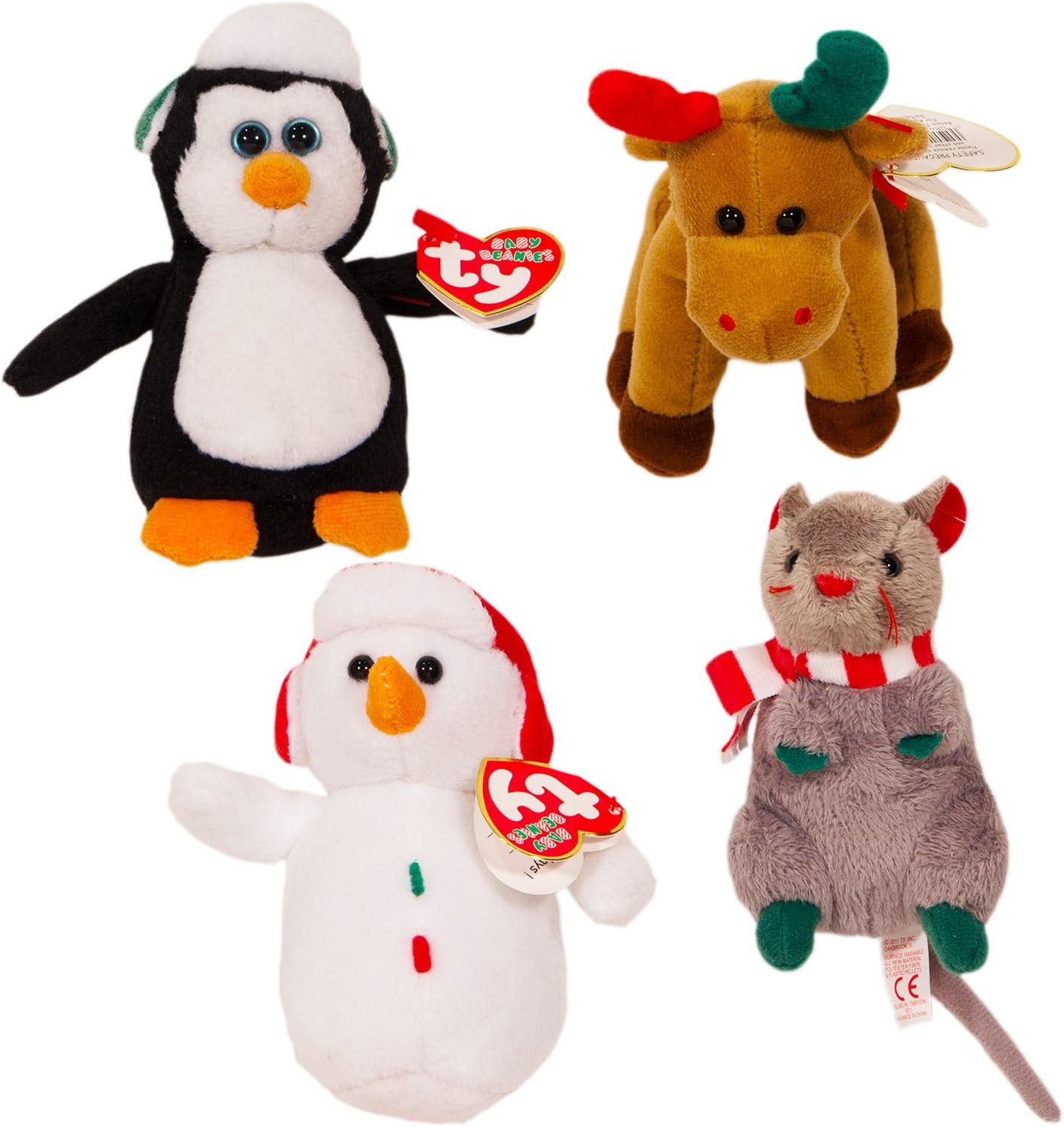 Ty Beanie Babies Christmas Set of 4 Plush Holiday Ornaments -- Snowman, Penguin, Reindeer and Mouse (4 Pack)