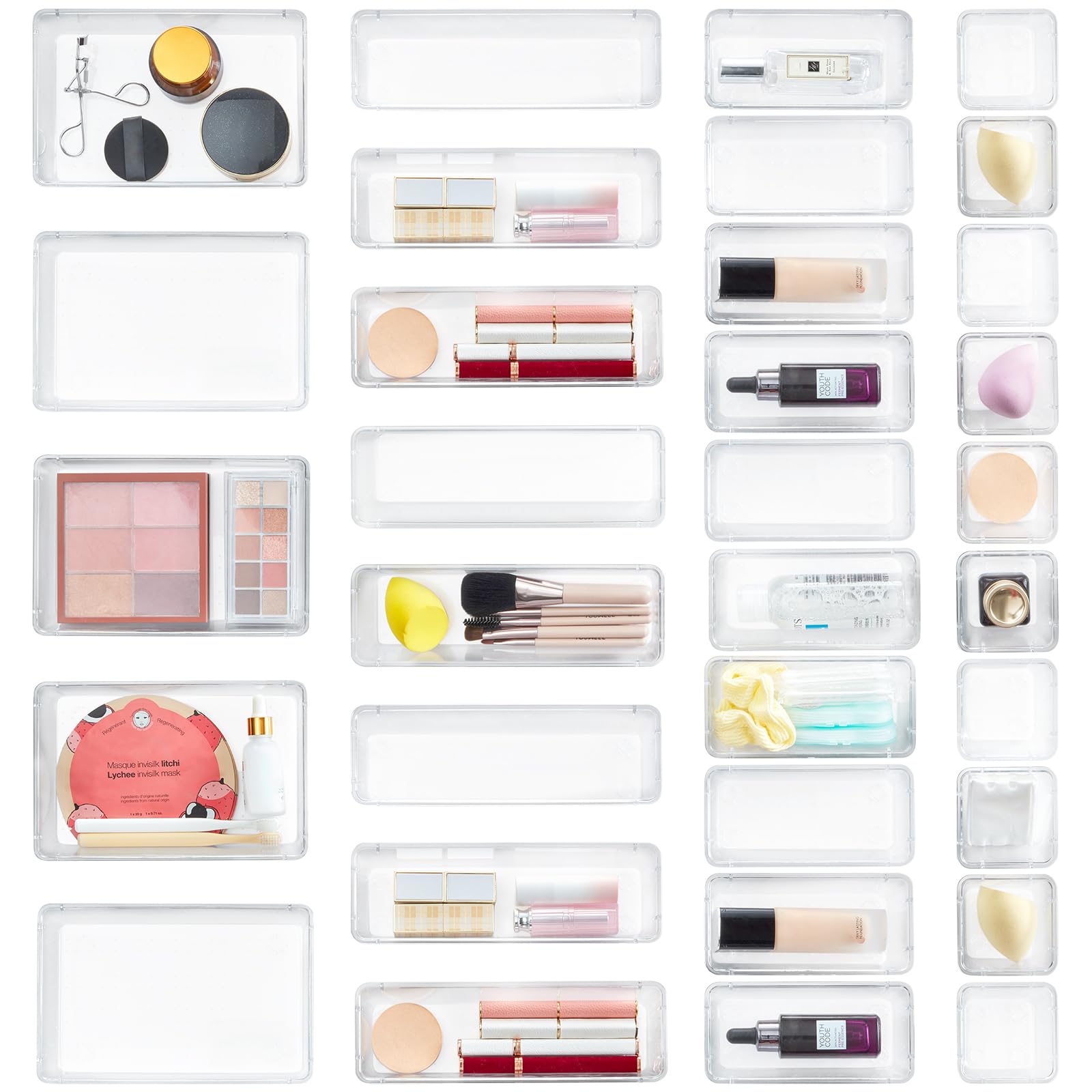 Lifewit Set de 33 Cajón Escritorio Organizador de Baño, Divisores de Tocador de Plástico Bandejas Caja de Separación para Maquillaje, Oficina, Joyas, Gadgets, Dormitorio