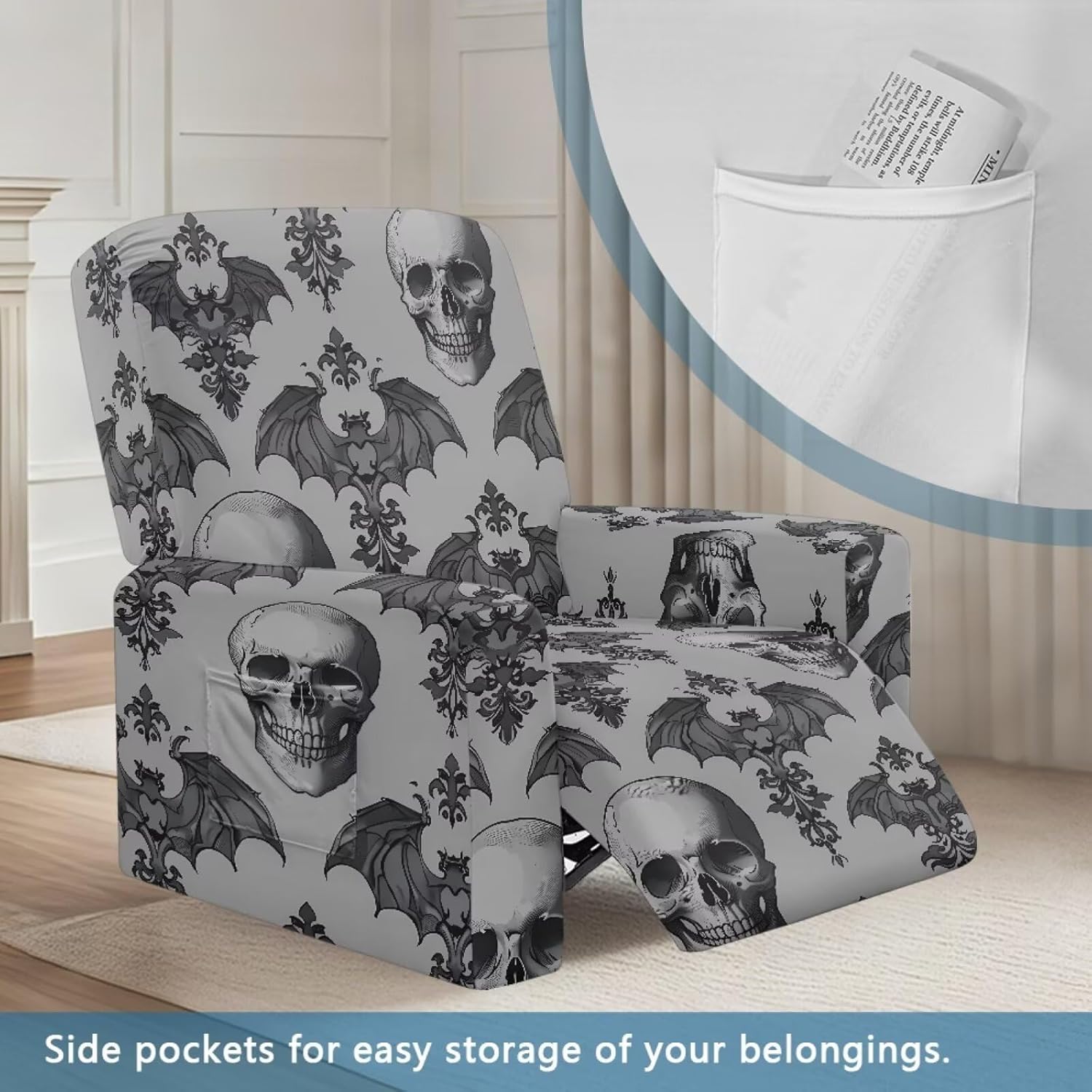 Xoenoiee Skull Bats Halloween Decor Recliner Chair Cover, 4-Pieces Stretch Recliner Covers for Recliner Chair Soft Reclining Chair Slipcover Furniture Protector for Pets Kids
